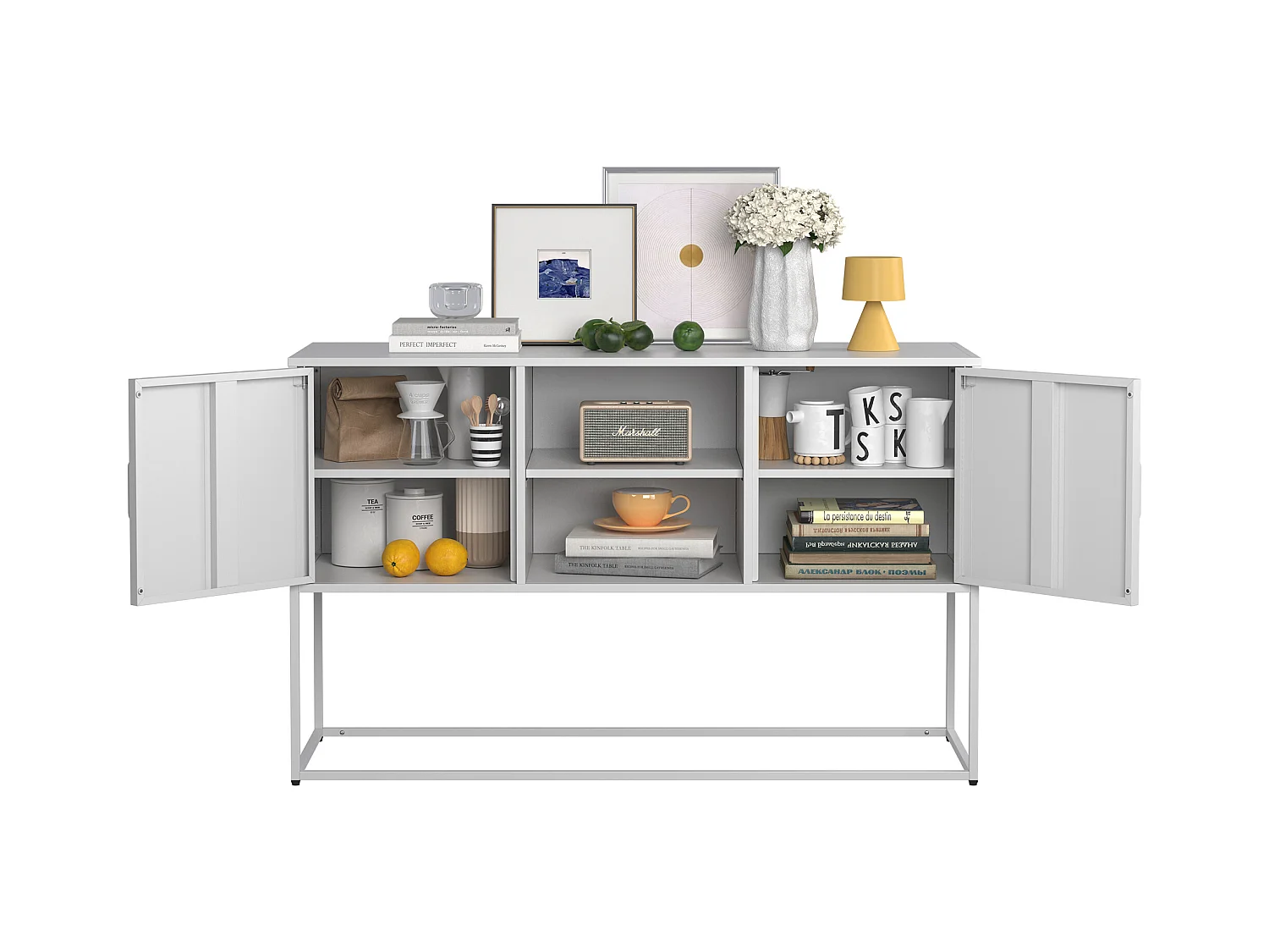 Buffet blanc - Buffet avec 2 portes et rangement ouvert - pour salle à manger et salon