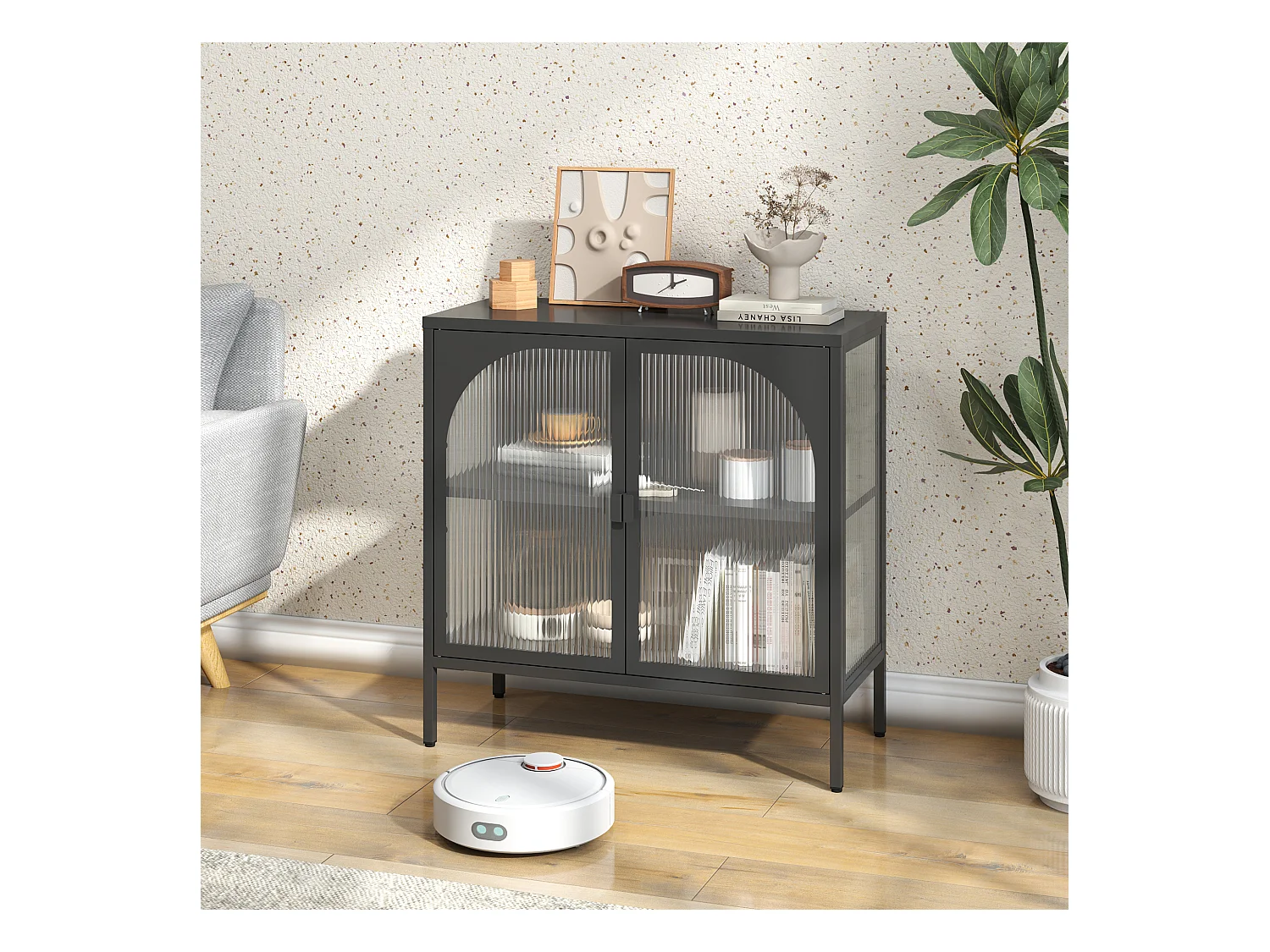 Buffet noir - Buffet avec 2 portes vitrées et étagères réglables - pour salle à manger et salon