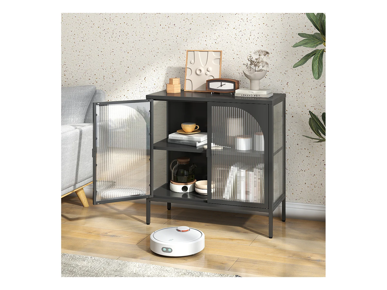 Buffet noir - Buffet avec 2 portes vitrées et étagères réglables - pour salle à manger et salon