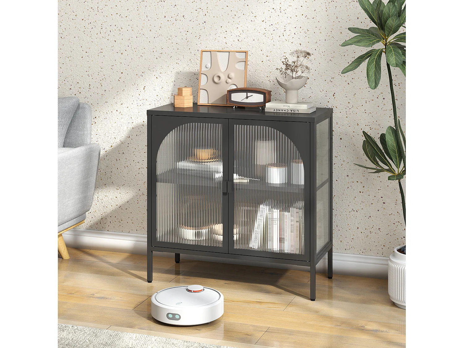 Buffet noir - Buffet avec 2 portes vitrées et étagères réglables - pour salle à manger et salon