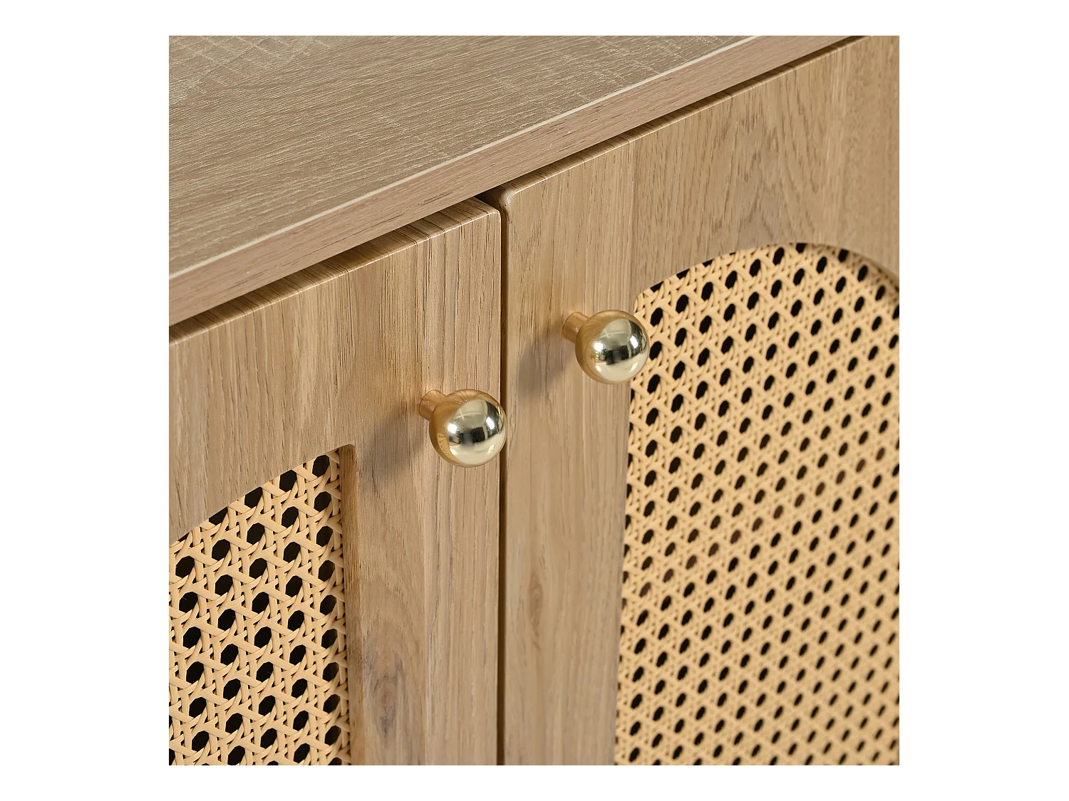 Buffet naturel - Buffet avec 4 portes en rotin et poignées en métal - pour salle à manger et salon