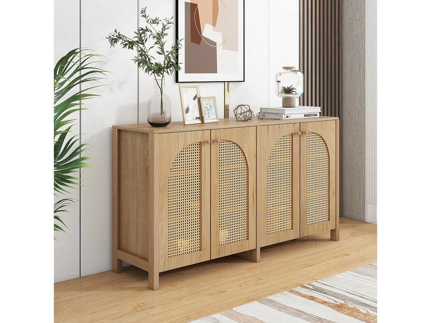 Credenza con 3 ante decorate in rattan, cassettiera e mobile alto con