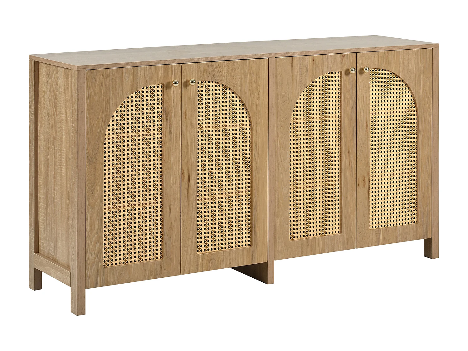 Buffet naturel - Buffet avec 4 portes en rotin et poignées en métal - pour salle à manger et salon