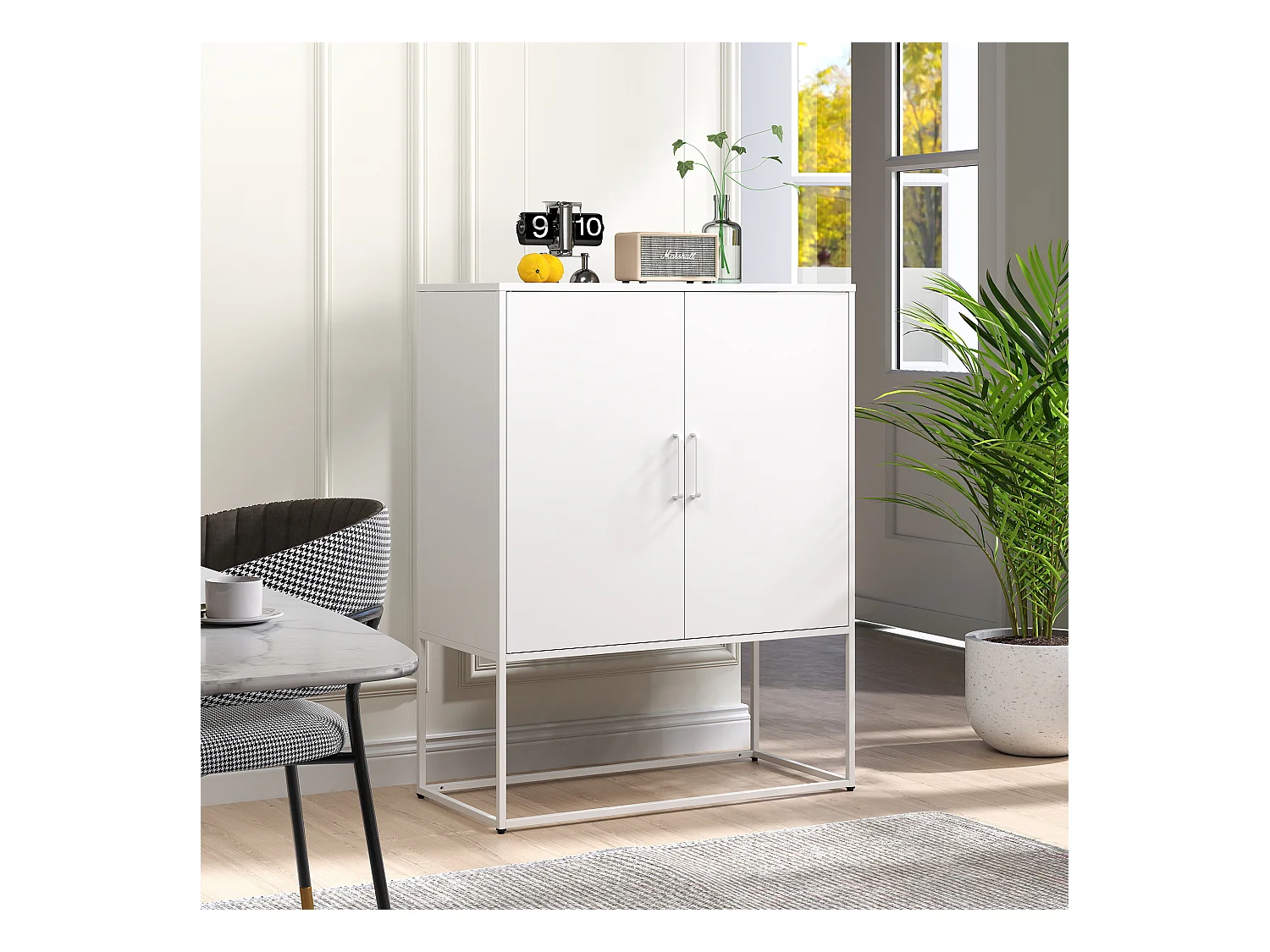 Buffet blanc - Buffet avec 2 portes magnétiques et poignées en U - anti-basculement - pour salon et salle à manger