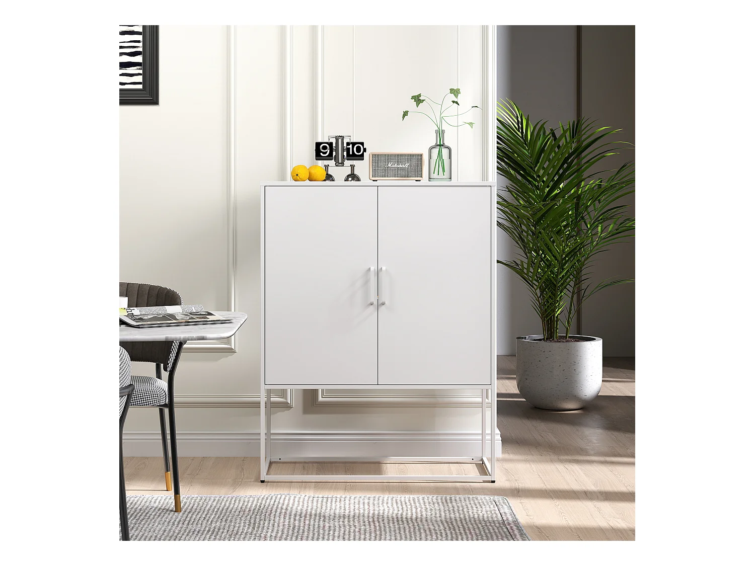 Buffet blanc - Buffet avec 2 portes magnétiques et poignées en U - anti-basculement - pour salon et salle à manger