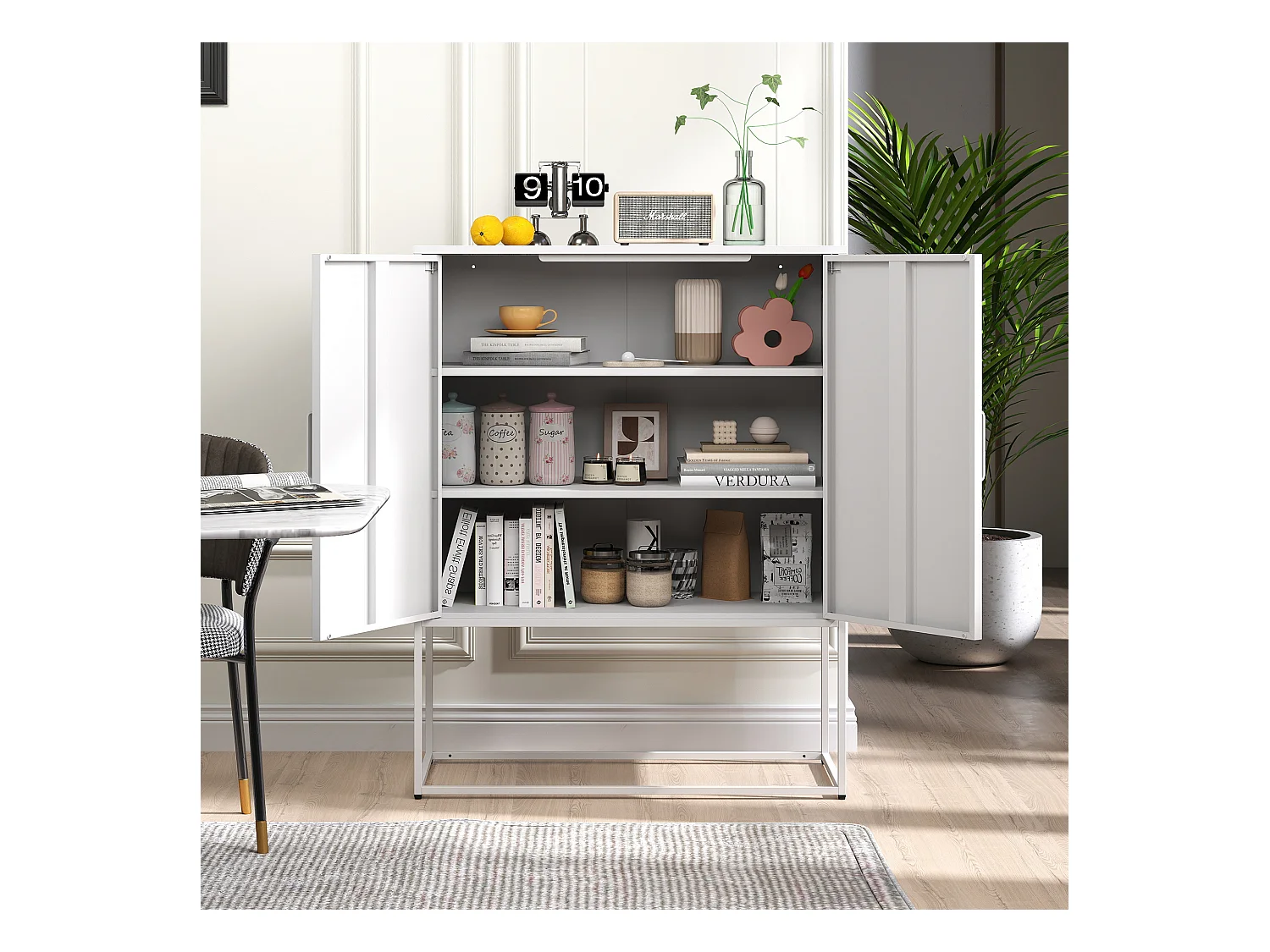 Buffet blanc - Buffet avec 2 portes magnétiques et poignées en U - anti-basculement - pour salon et salle à manger