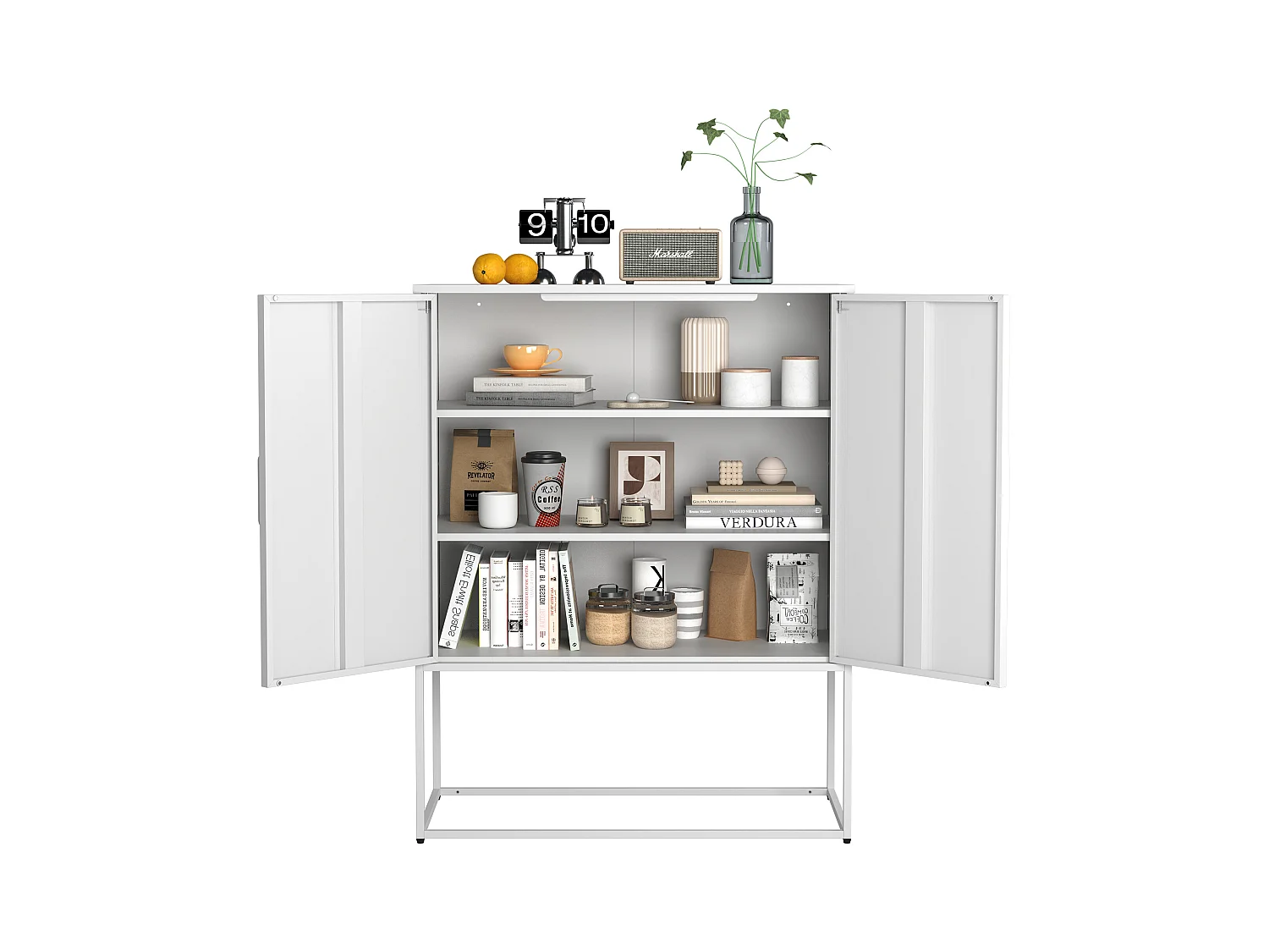 Buffet blanc - Buffet avec 2 portes magnétiques et poignées en U - anti-basculement - pour salon et salle à manger