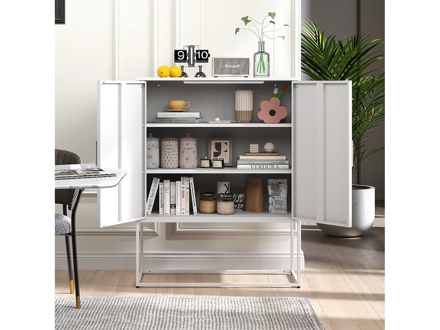 Buffet blanc - Buffet avec 2 portes magnétiques et poignées en U - anti-basculement - pour salon et salle à manger