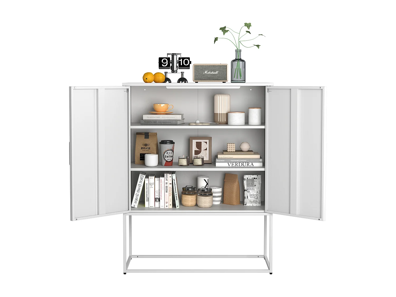 Buffet blanc - Buffet avec 2 portes magnétiques et poignées en U - anti-basculement - pour salon et salle à manger