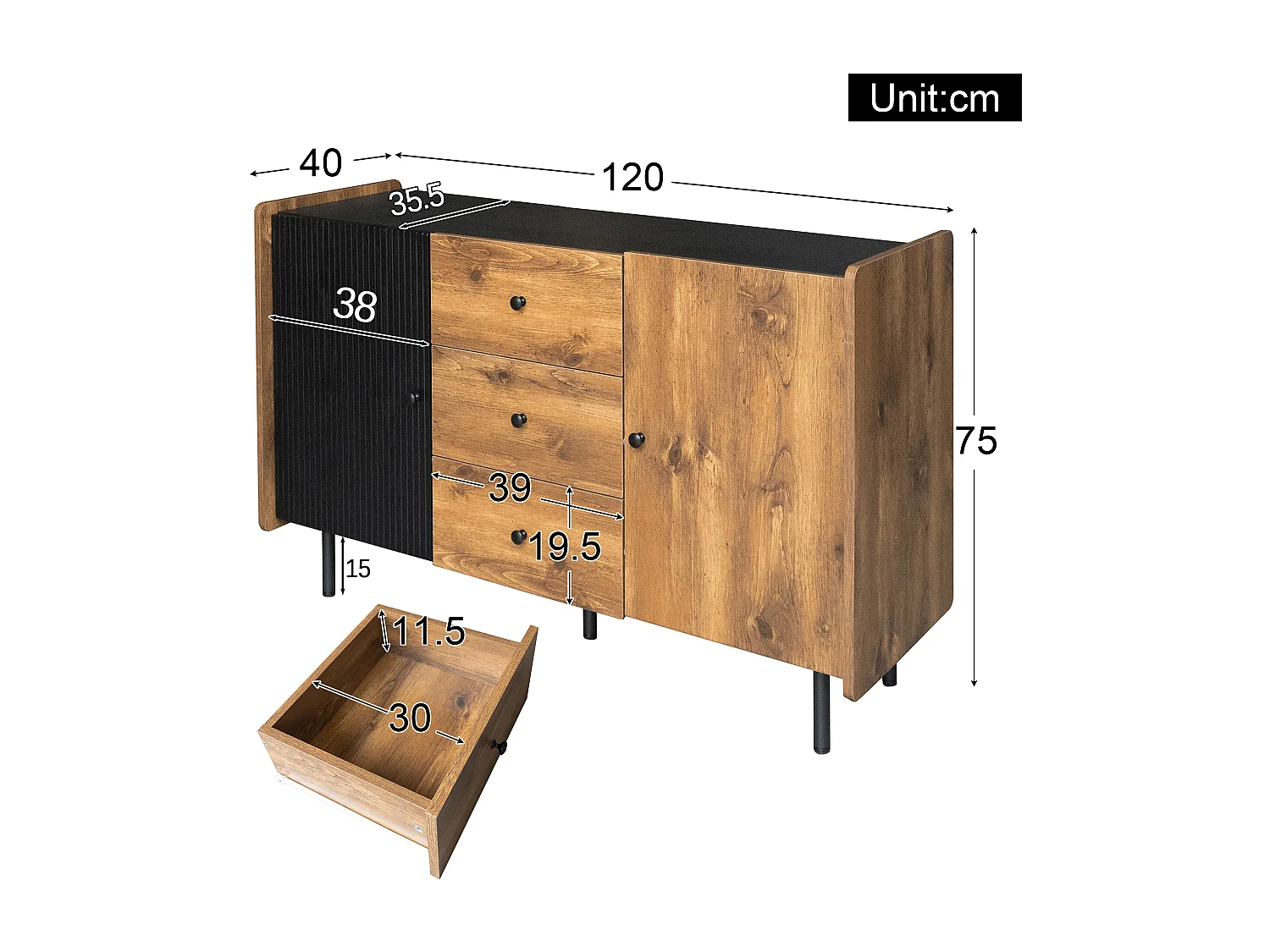 Aparador de madera negro 120 cm - Aparador con 3 cajones y 2 puertas - para comedor y salón