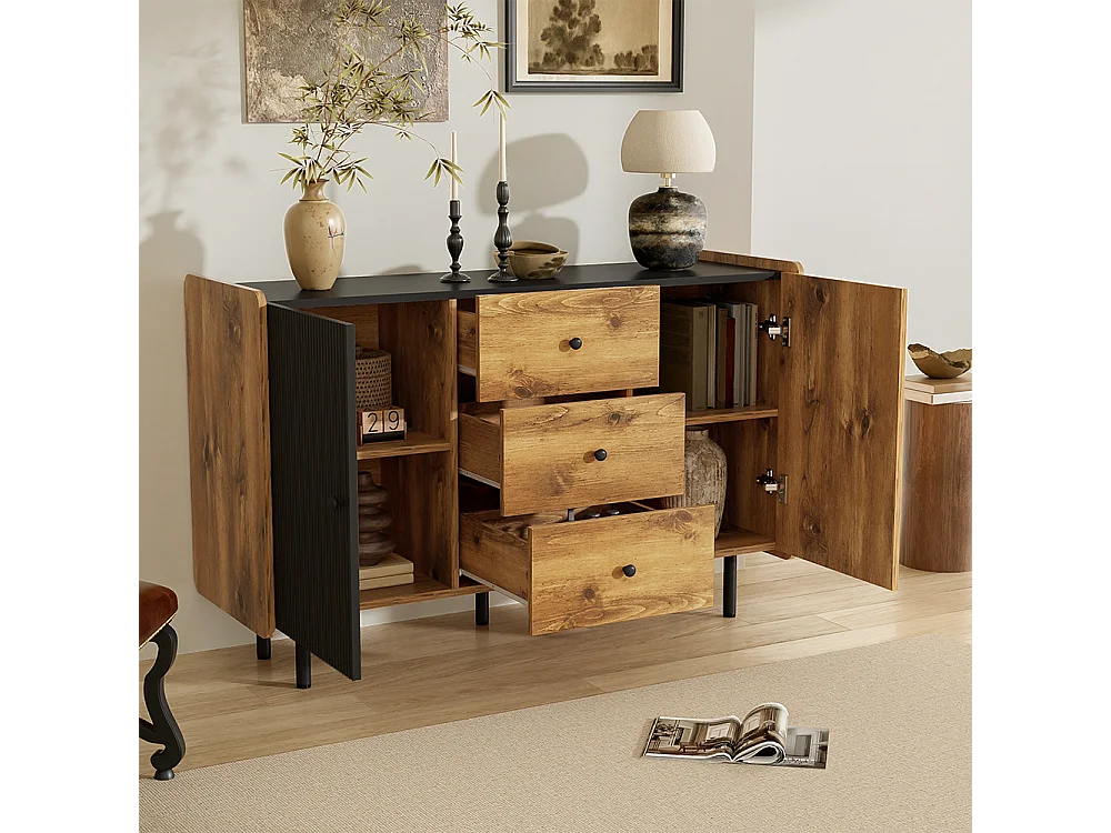 Aparador de madera negro 120 cm - Aparador con 3 cajones y 2 puertas - para comedor y salón