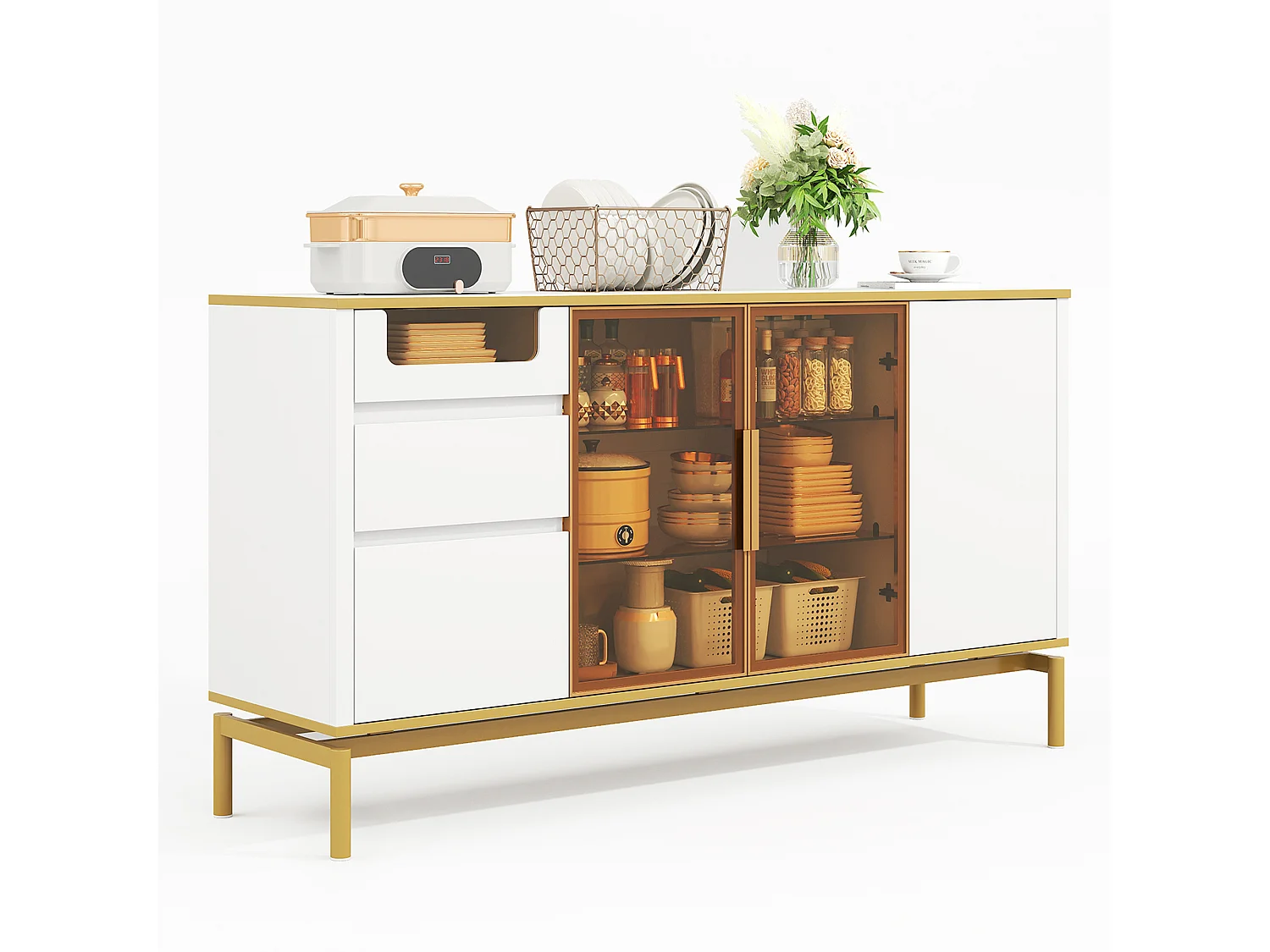 Aparador blanco - Aparador con 3 cajones y 3 puertas - compartimentos de cristal y madera - para comedor y salón