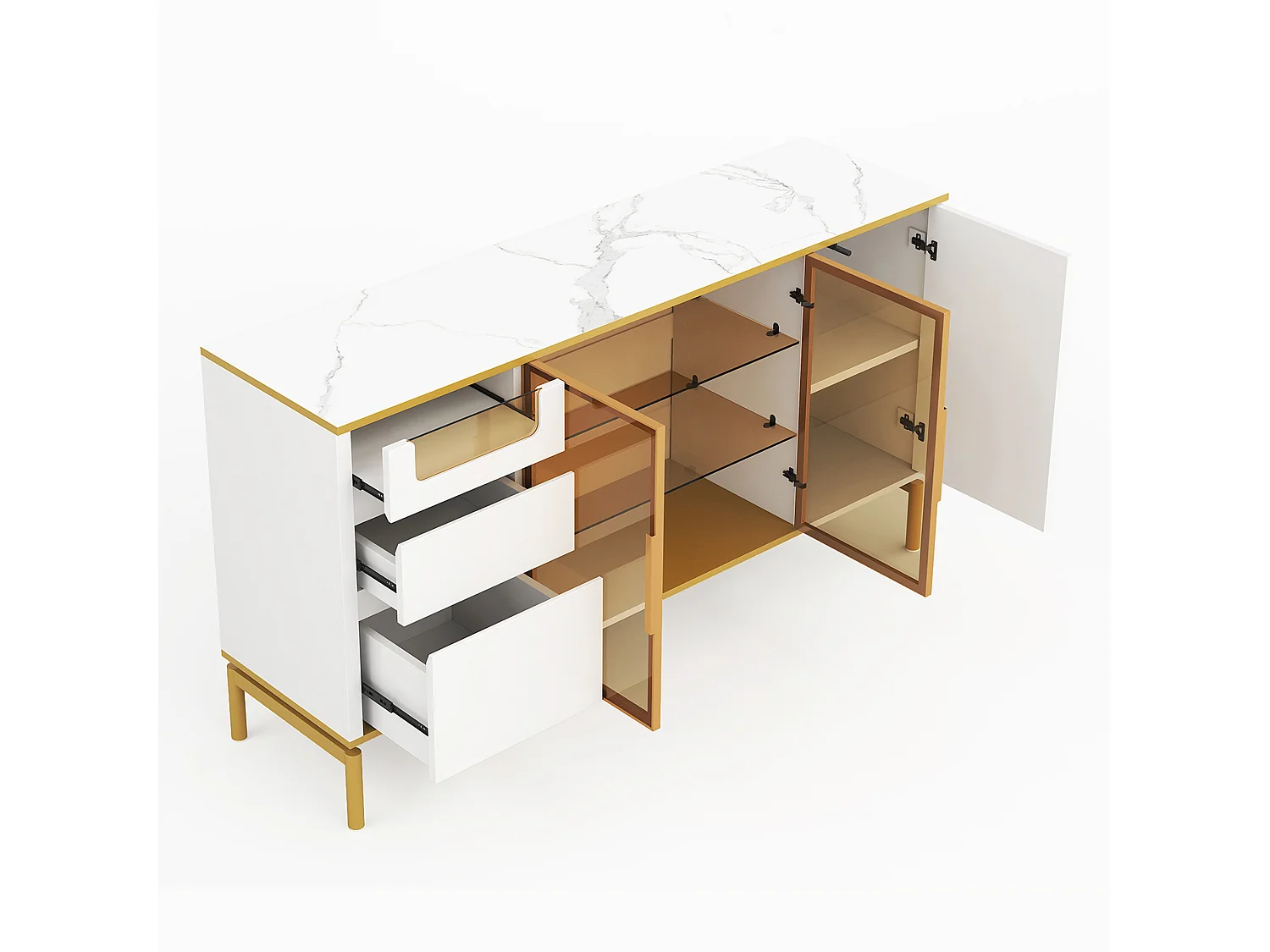 Aparador blanco - Aparador con 3 cajones y 3 puertas - compartimentos de cristal y madera - para comedor y salón