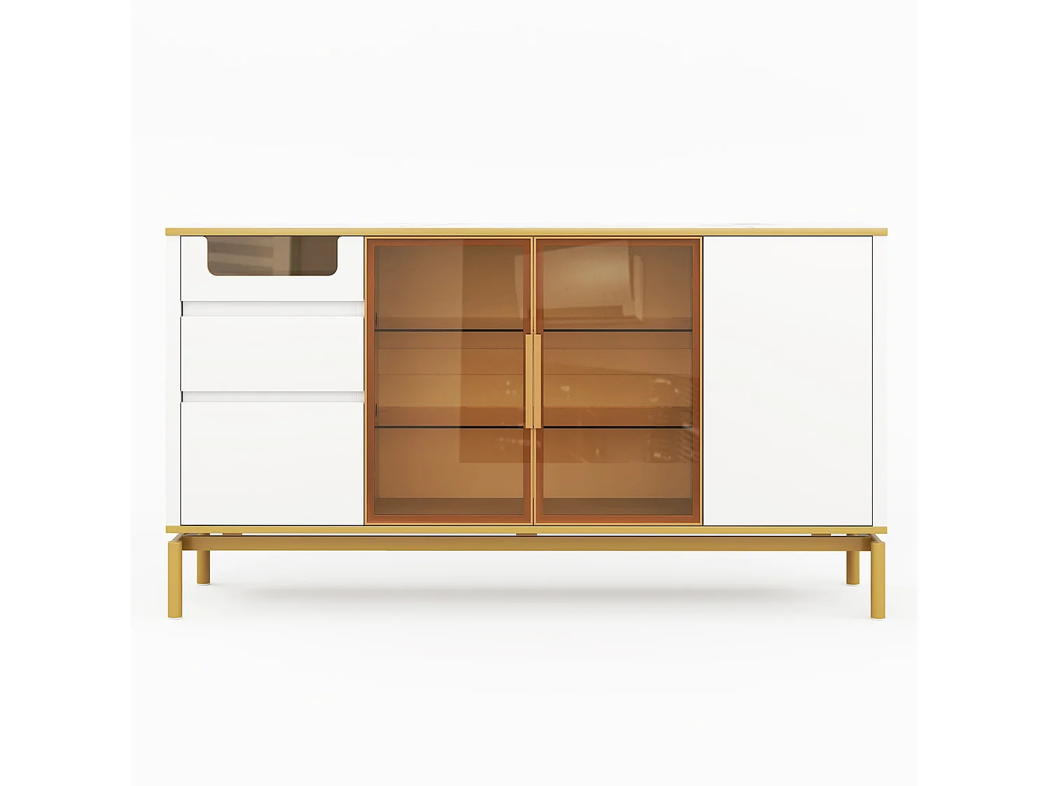 Aparador blanco - Aparador con 3 cajones y 3 puertas - compartimentos de cristal y madera - para comedor y salón