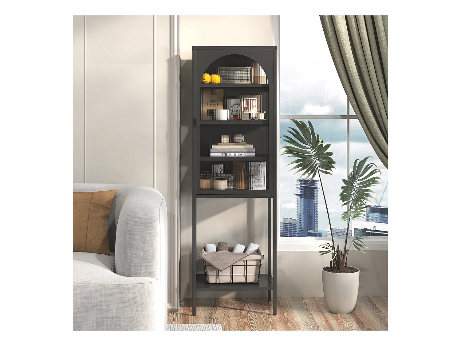 Bibliothèque noire - Organiseur avec 1 porte et 3 étagères réglables - rangement ouvert - pour salon et bureau