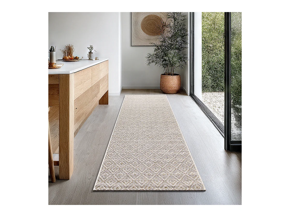 Tapis Maldives extérieur design diamant boho, Marron, 80 x 250 cm