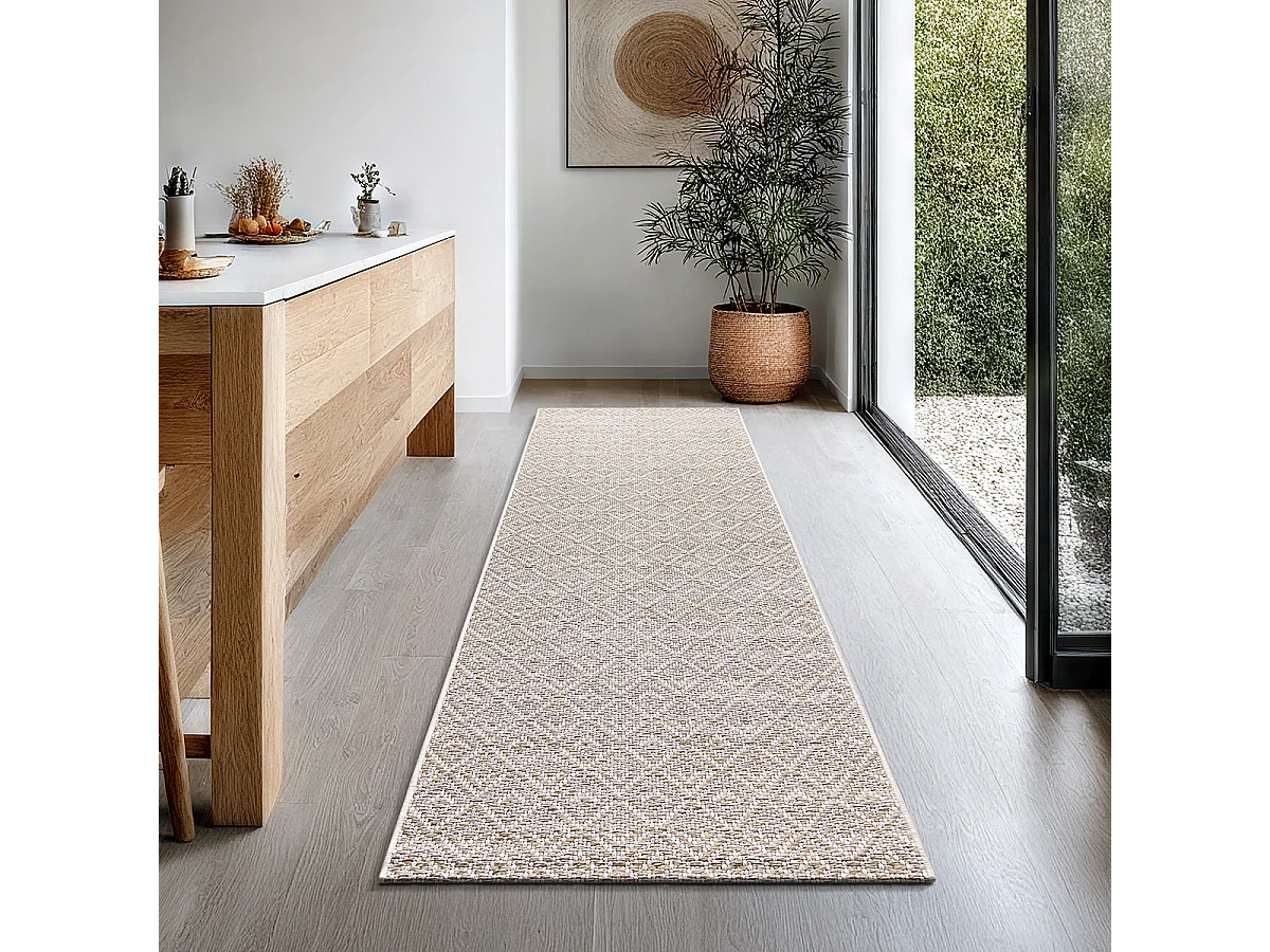 Tapis Maldives extérieur design diamant boho, Marron, 80 x 250 cm