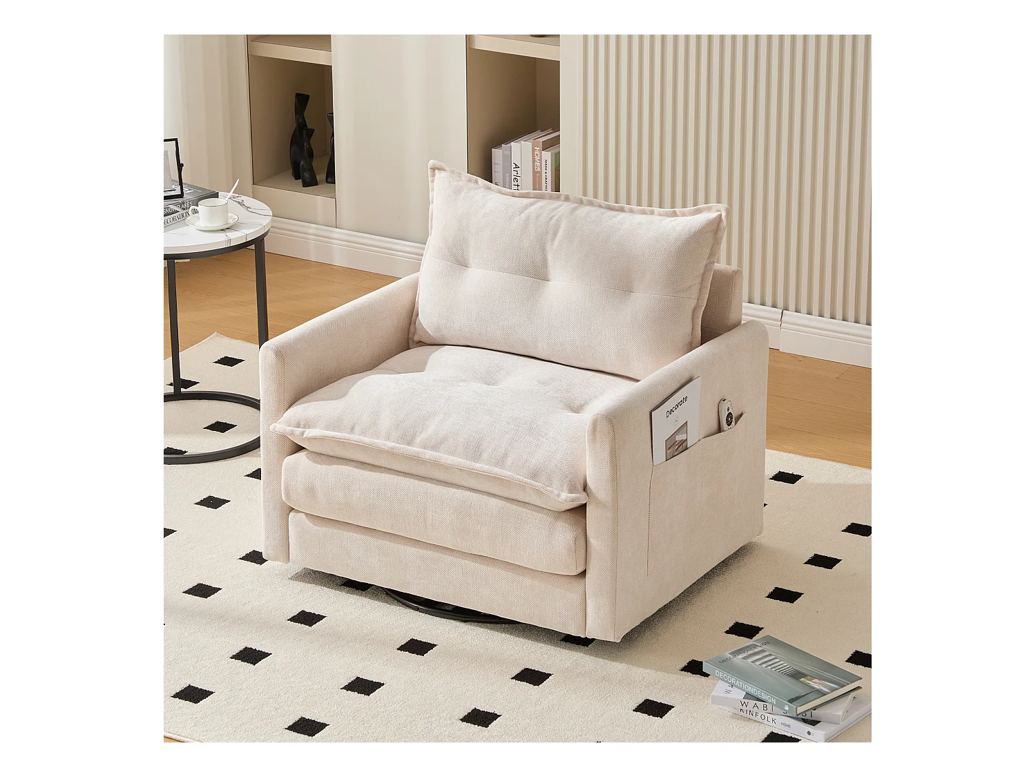 Fauteuil paresseux beige - Chaise longue avec coussins et sac de rangement - pivotant à 360° - pour salon, chambre, bureau et bureau
