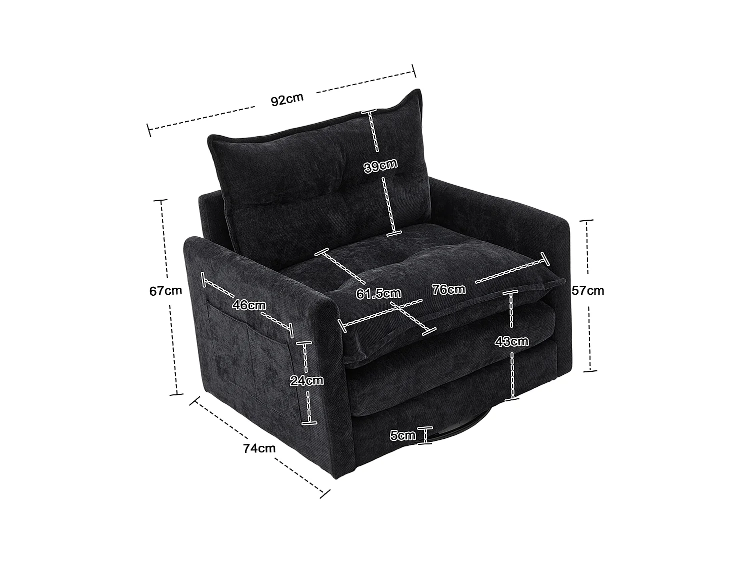 Fauteuil paresseux noir - Chaise longue avec coussins et sac de rangement - pivotant à 360° - pour salon, chambre, bureau et bureau