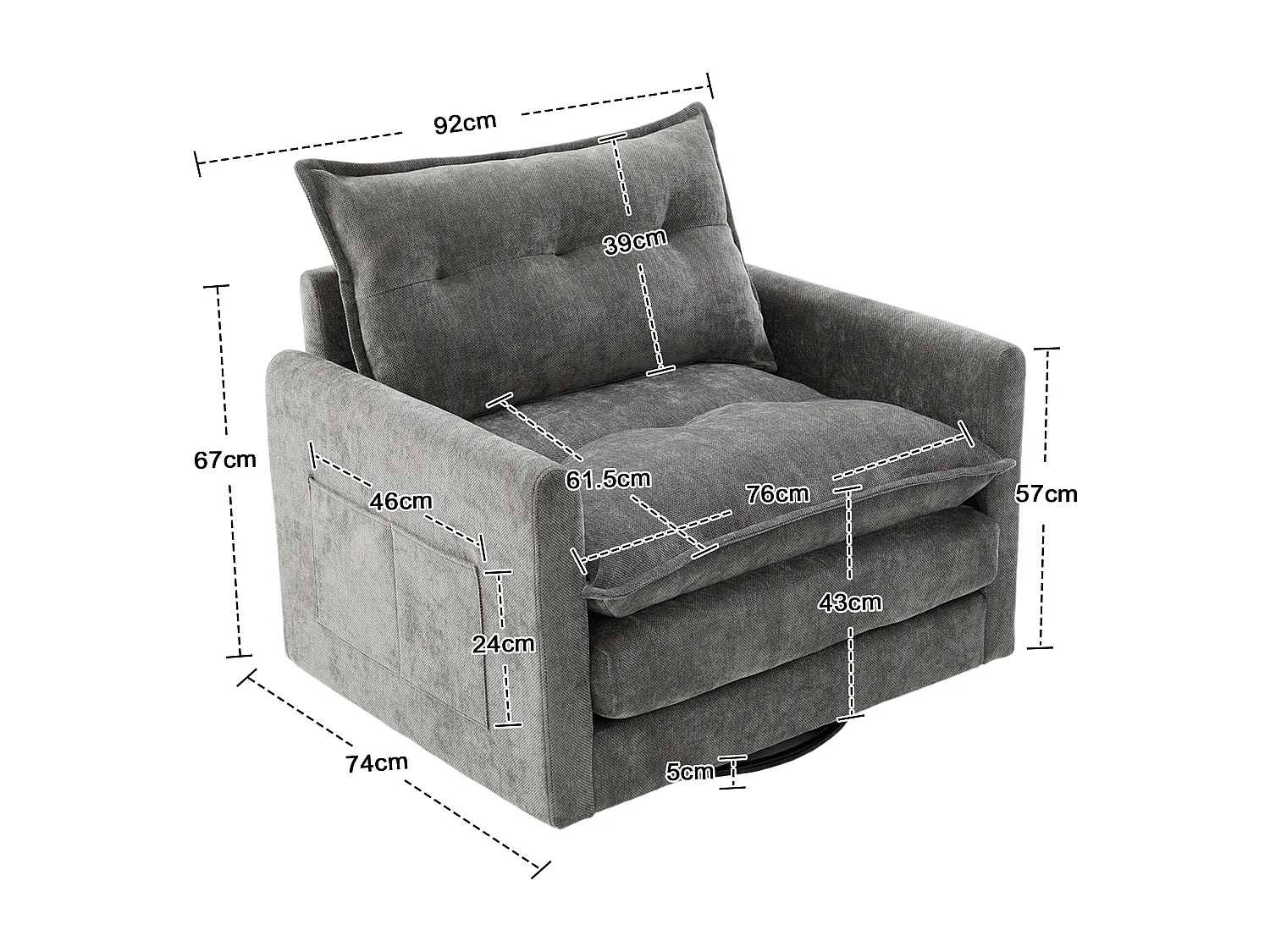 Fauteuil paresseux gris - Chaise longue avec coussins et sac de rangement - pivotant à 360° - pour salon, chambre, bureau et bureau
