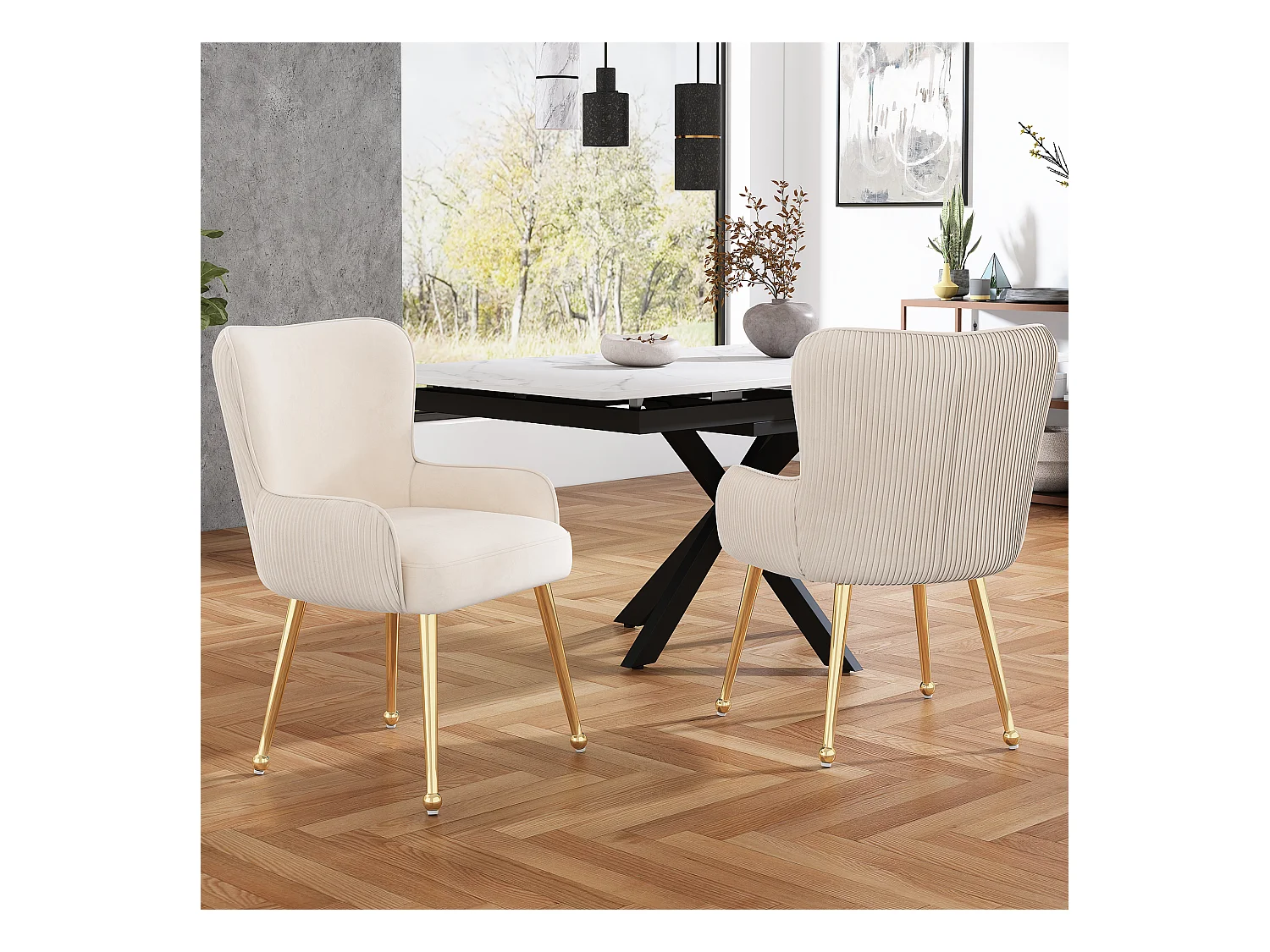 Lot de 2 chaises de salle à manger en velours - avec accoudoirs et pieds en métal doré - beige