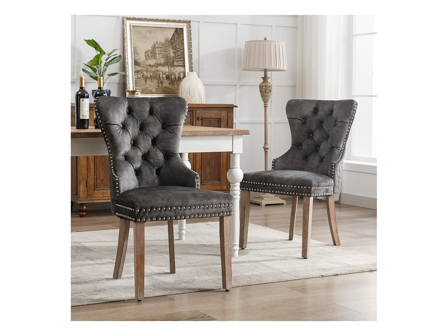 Juego de 2 sillas de comedor - terciopelo gris - Silla tapizada con patas ajustables - para dormitorio y salón