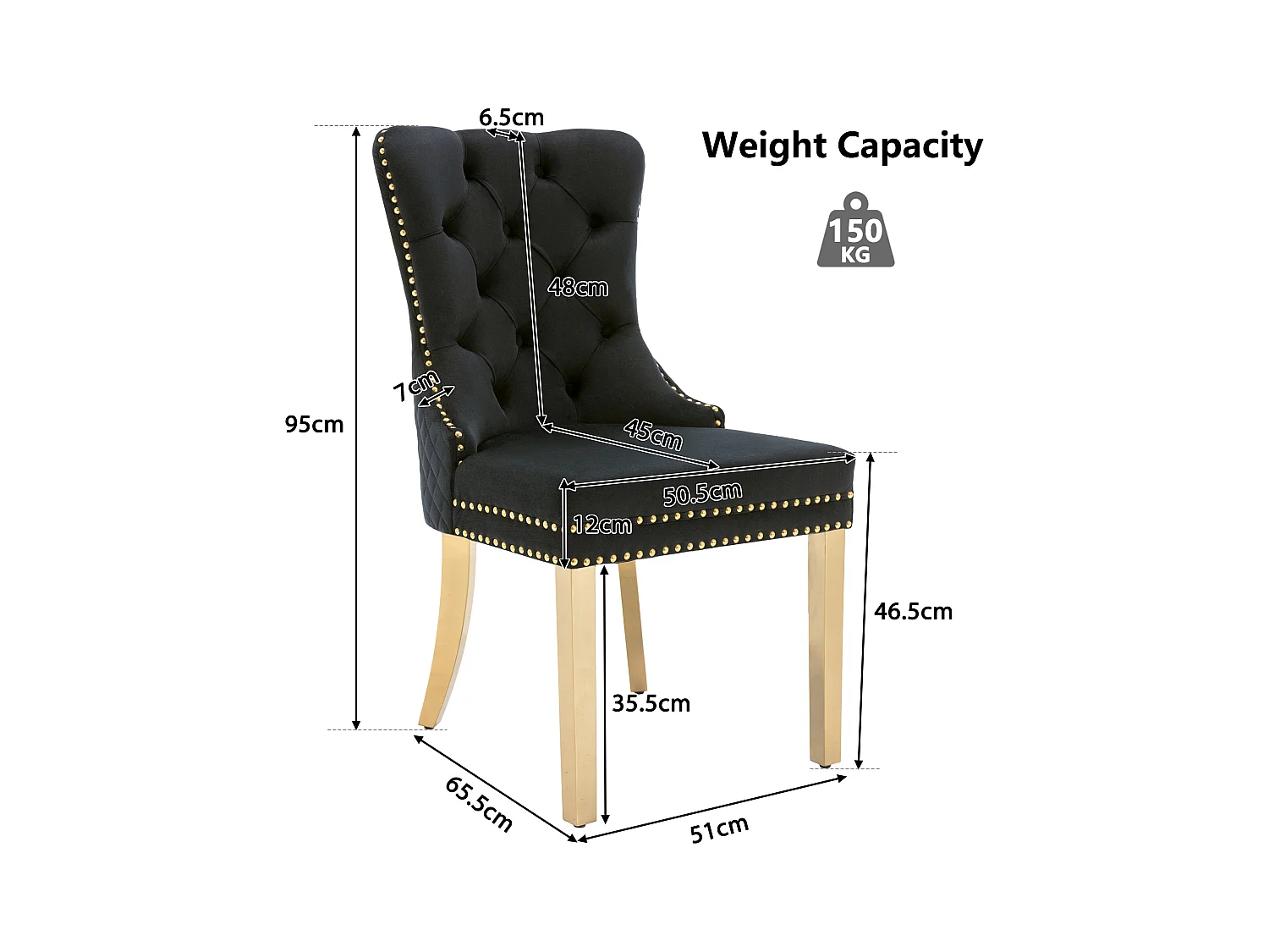 Lot de 2 chaises de salle à manger - velours noir - Chaise rembourrée avec garniture cloutée et pieds en métal doré