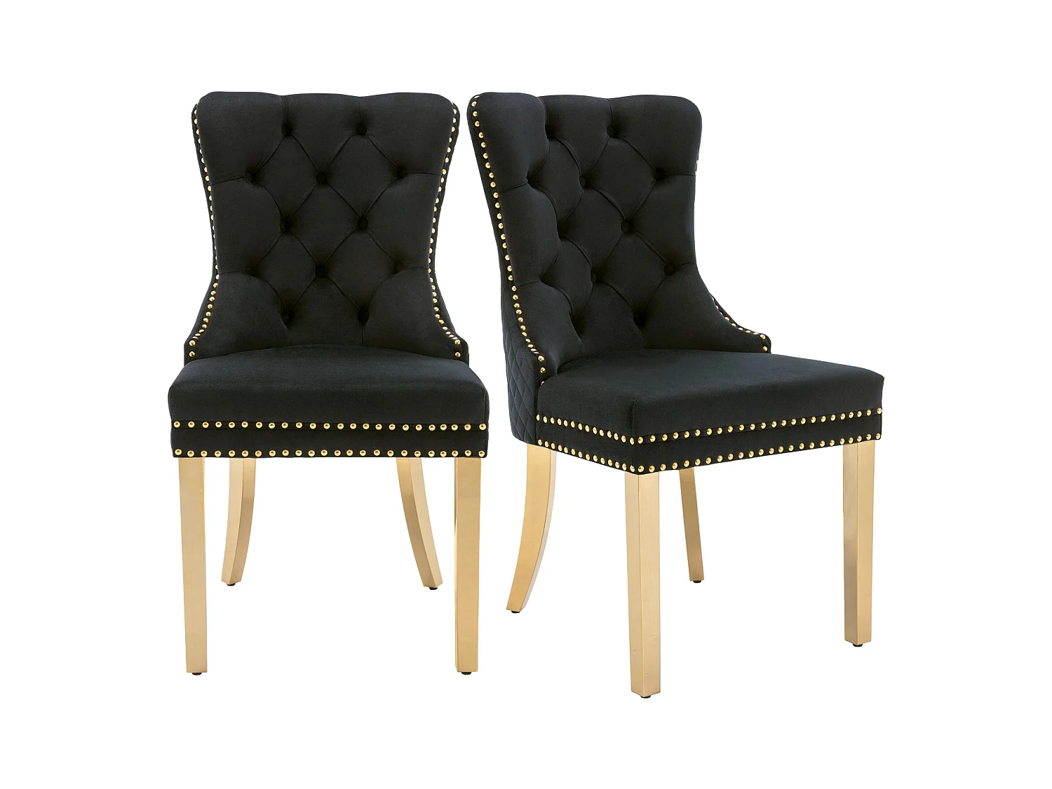 Lot de 2 chaises de salle à manger - velours noir - Chaise rembourrée avec garniture cloutée et pieds en métal doré