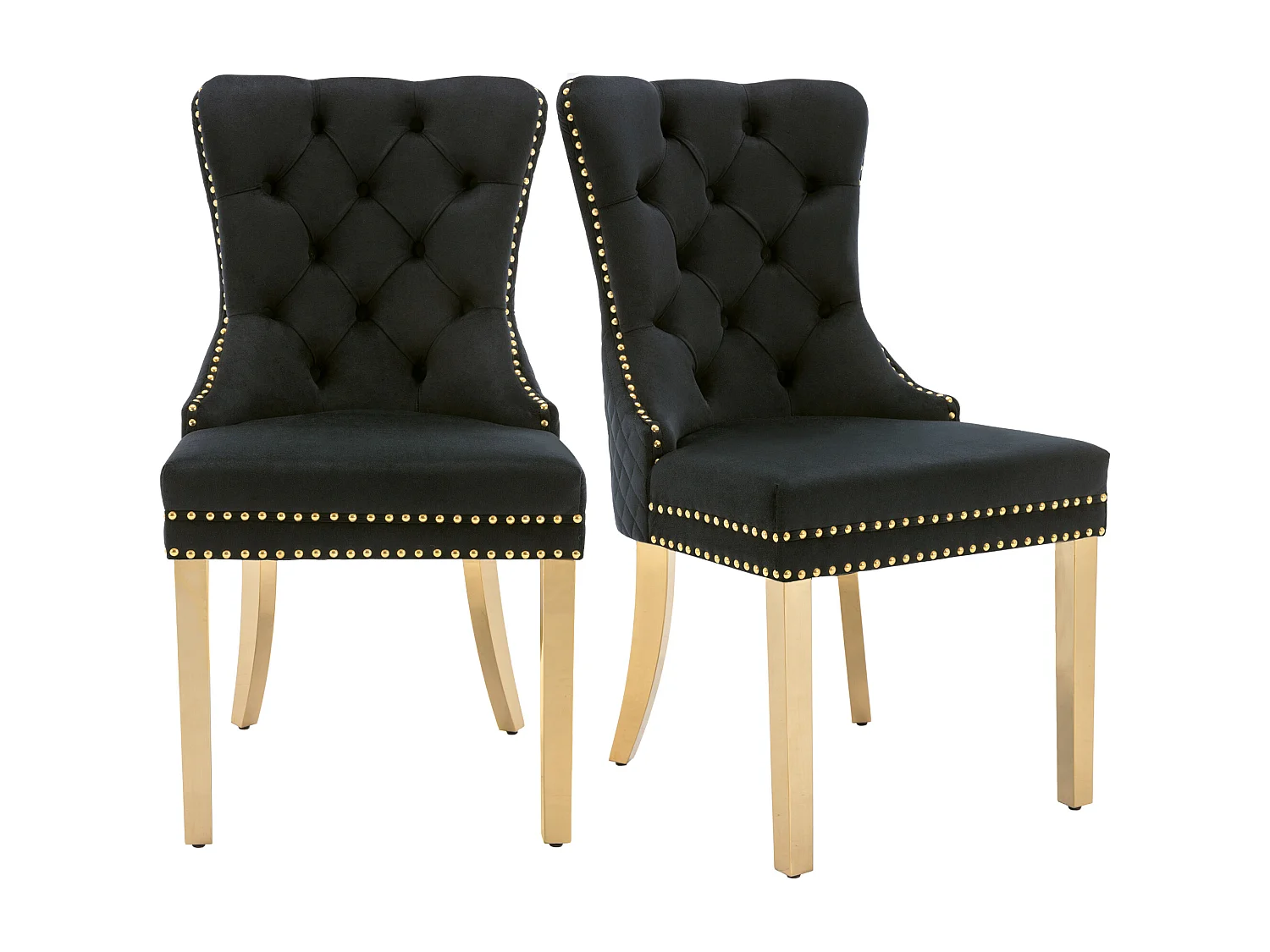 Lot de 2 chaises de salle à manger - velours noir - Chaise rembourrée avec garniture cloutée et pieds en métal doré