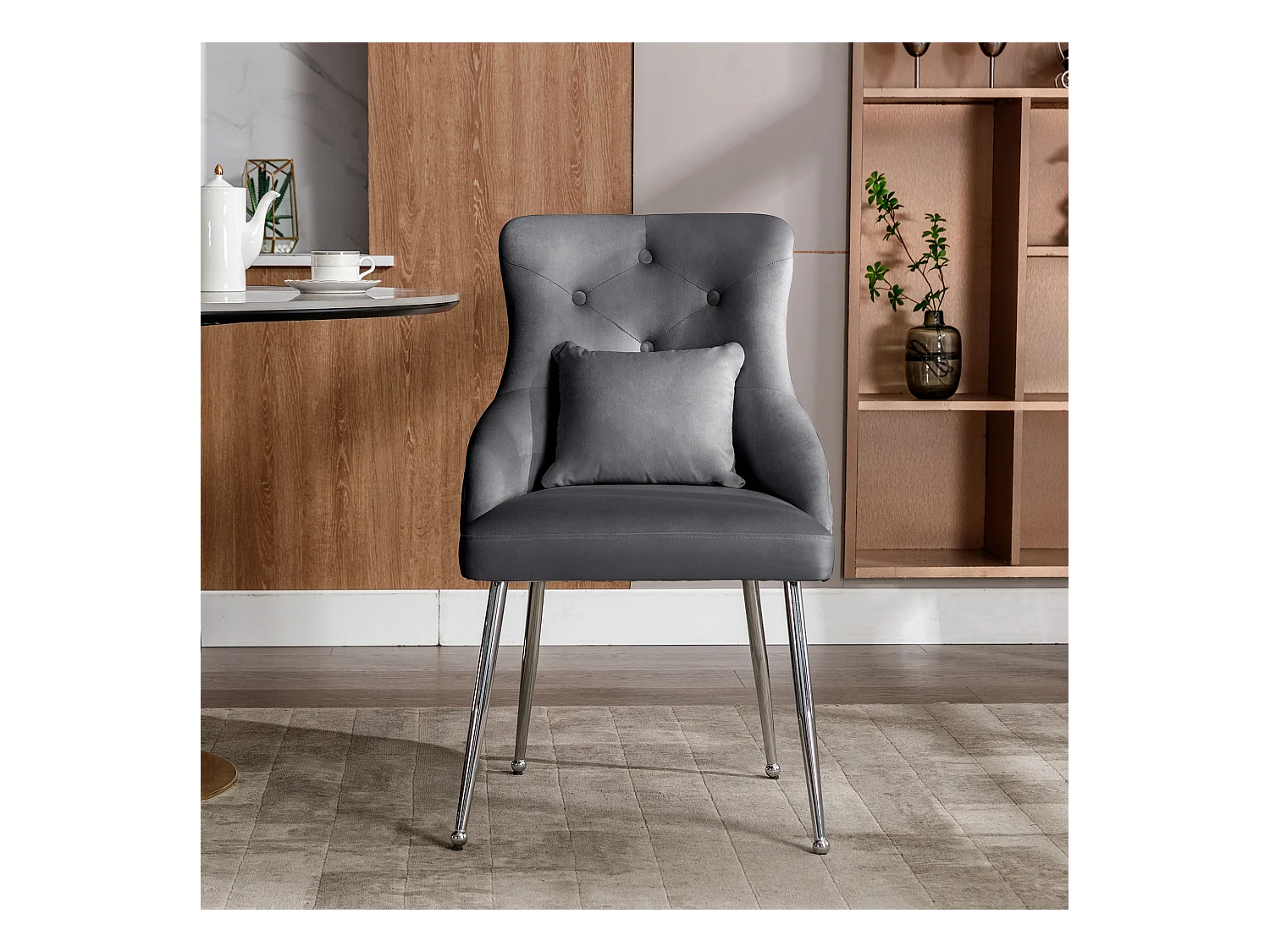 Lot de 2 chaises de salle à manger - velours gris - avec coussin lombaire et pieds en métal - pour salon et salle à manger