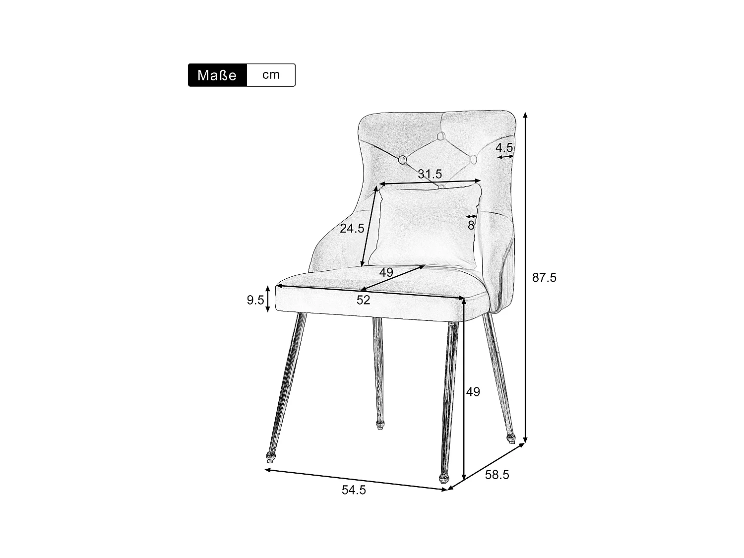 Lot de 2 chaises de salle à manger - velours gris - avec coussin lombaire et pieds en métal - pour salon et salle à manger