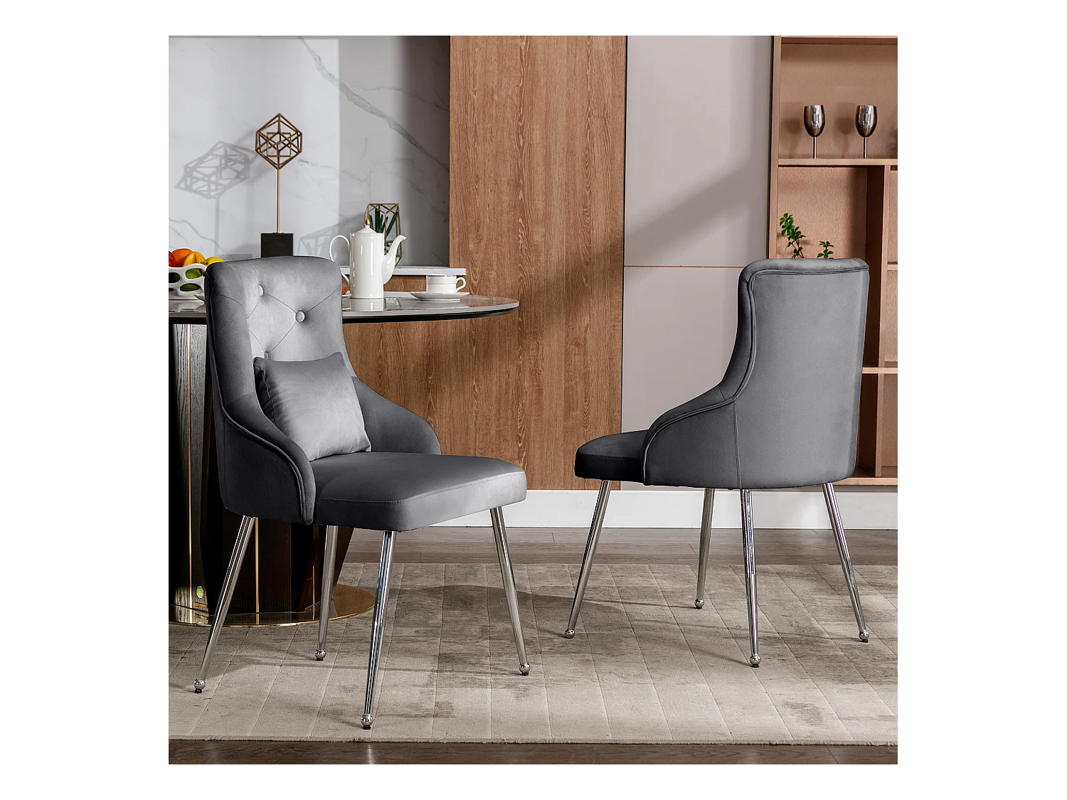 Lot de 2 chaises de salle à manger - velours gris - avec coussin lombaire et pieds en métal - pour salon et salle à manger