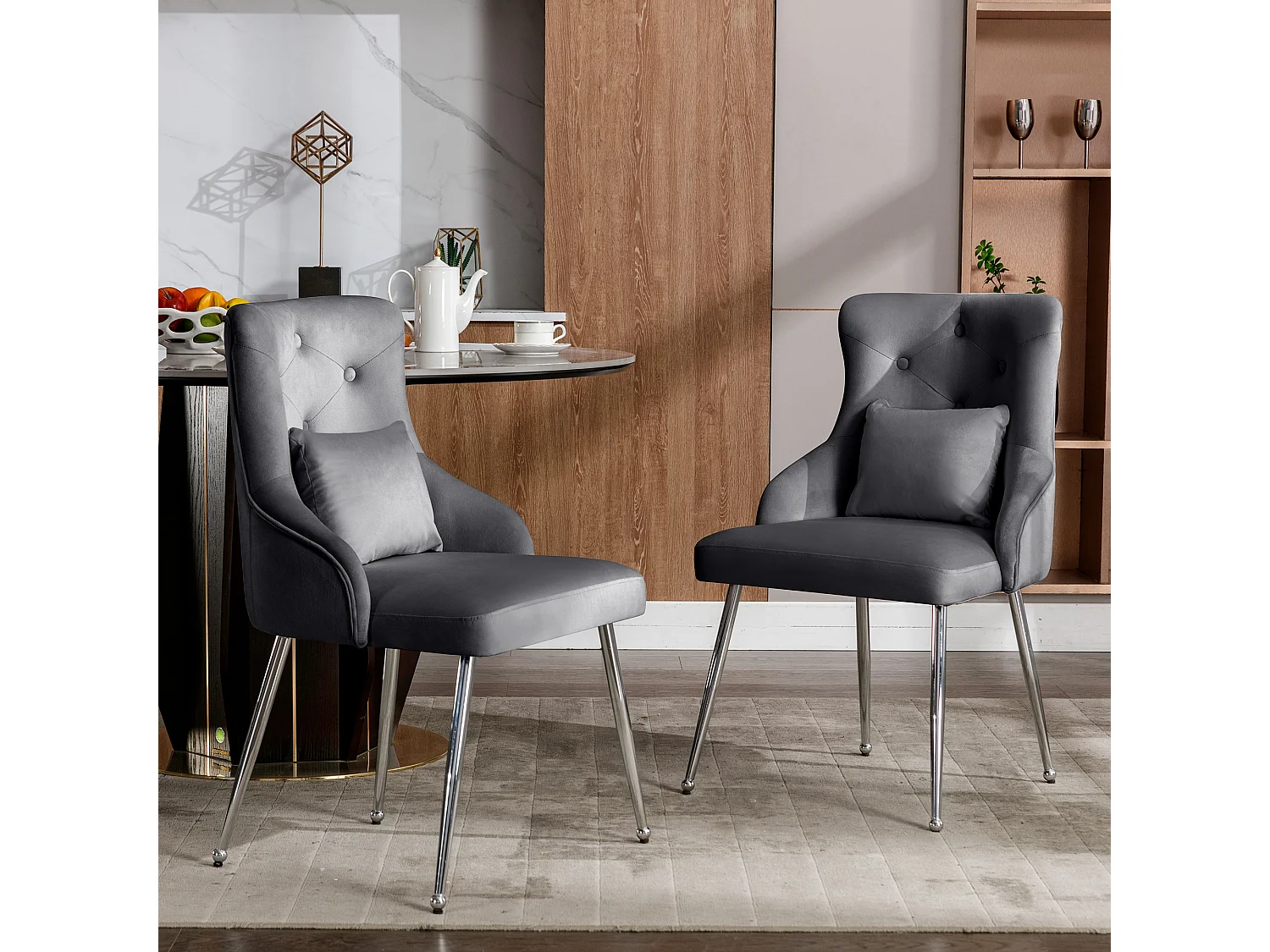 Lot de 2 chaises de salle à manger - velours gris - avec coussin lombaire et pieds en métal - pour salon et salle à manger