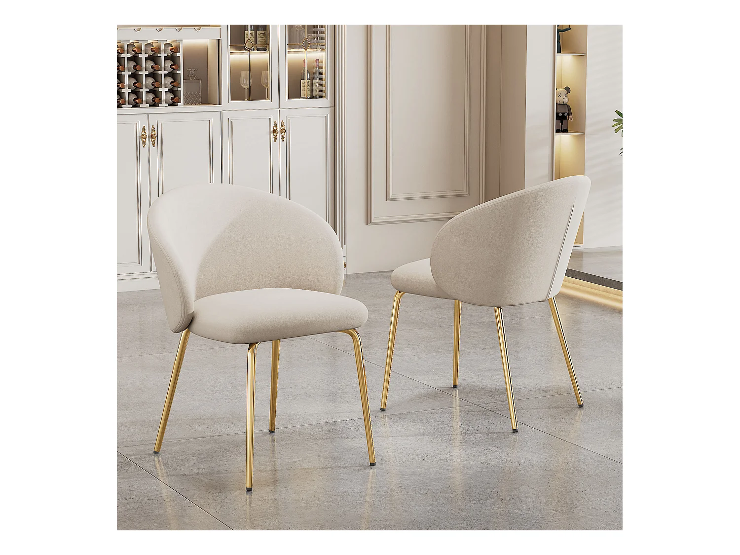 Juego de 2 sillas de comedor - tela de terciopelo beige - silla con reposabrazos y patas de metal dorado