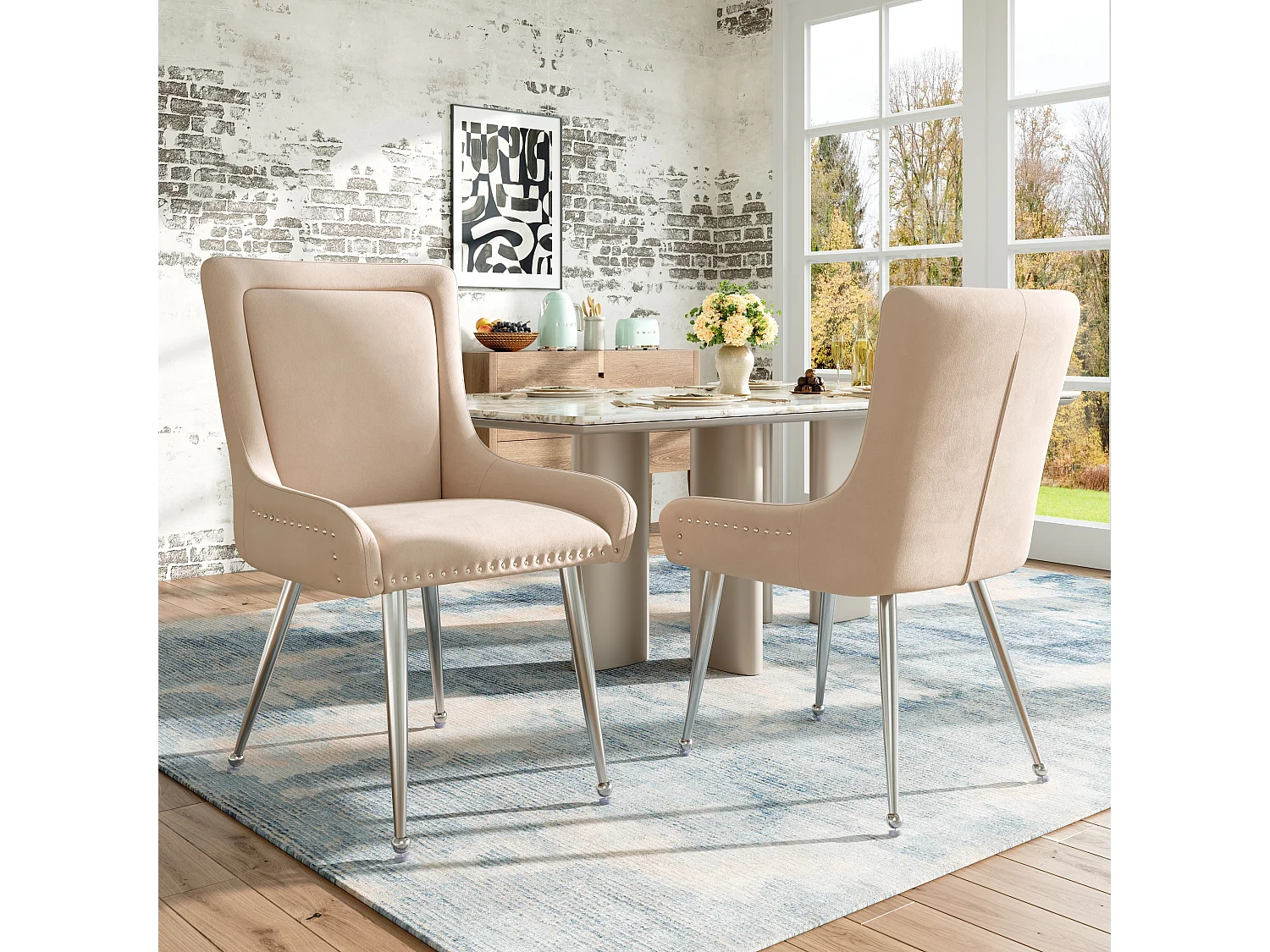 Lot de 2 chaises de salle à manger - velours beige - avec dossier et pieds réglables - pour salon et salle à manger