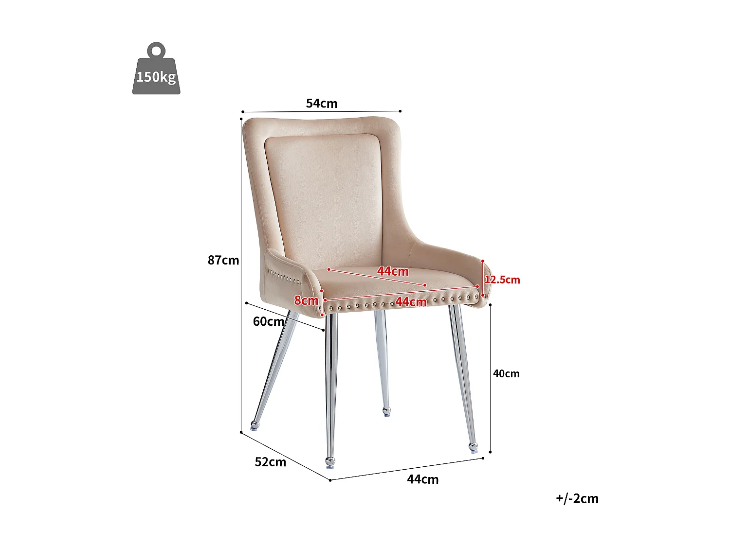 Lot de 2 chaises de salle à manger - velours beige - avec dossier et pieds réglables - pour salon et salle à manger