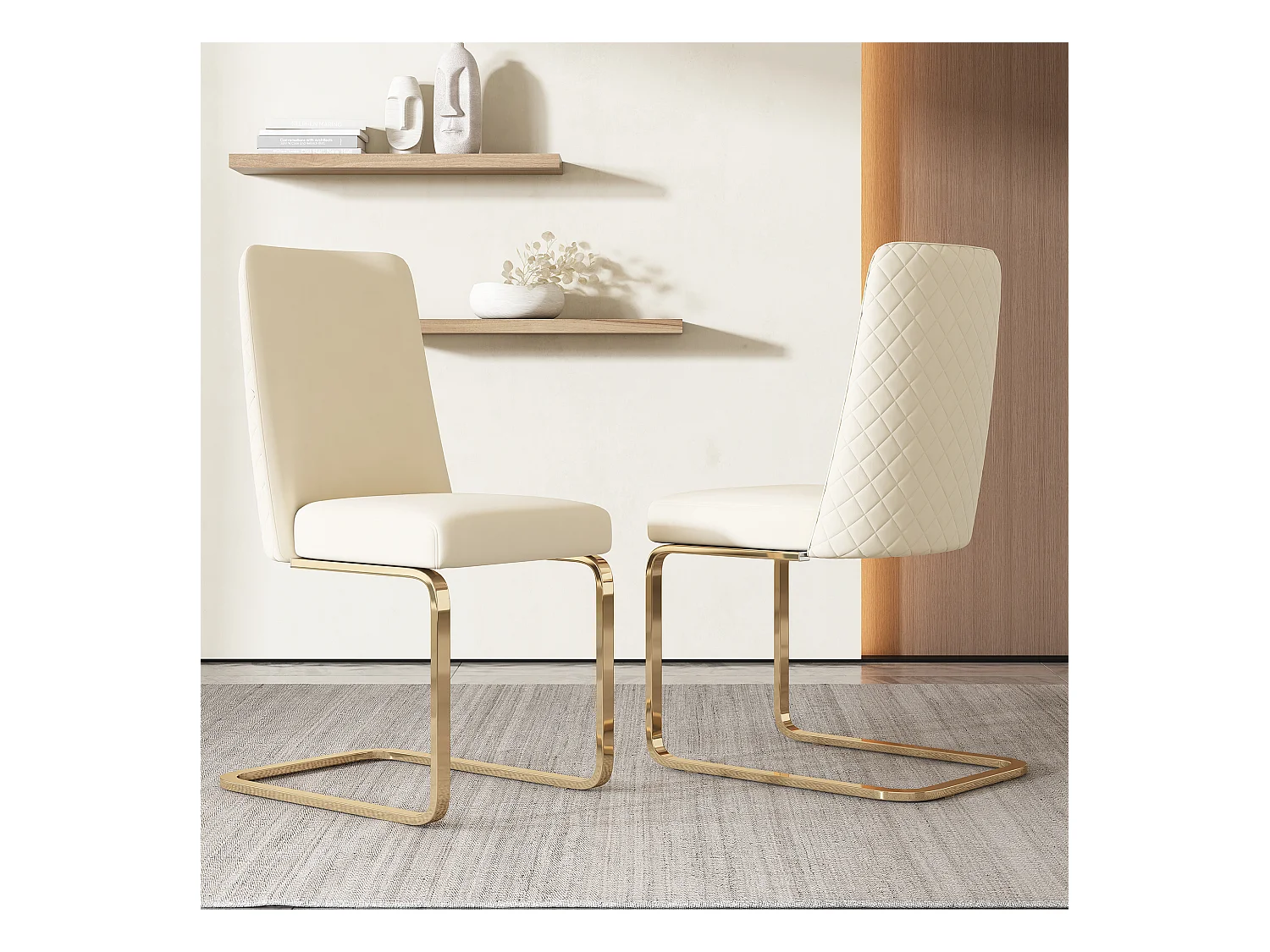 Set di 4 sedie da pranzo - velluto beige - con schienale imbottito e gambe in metallo dorato