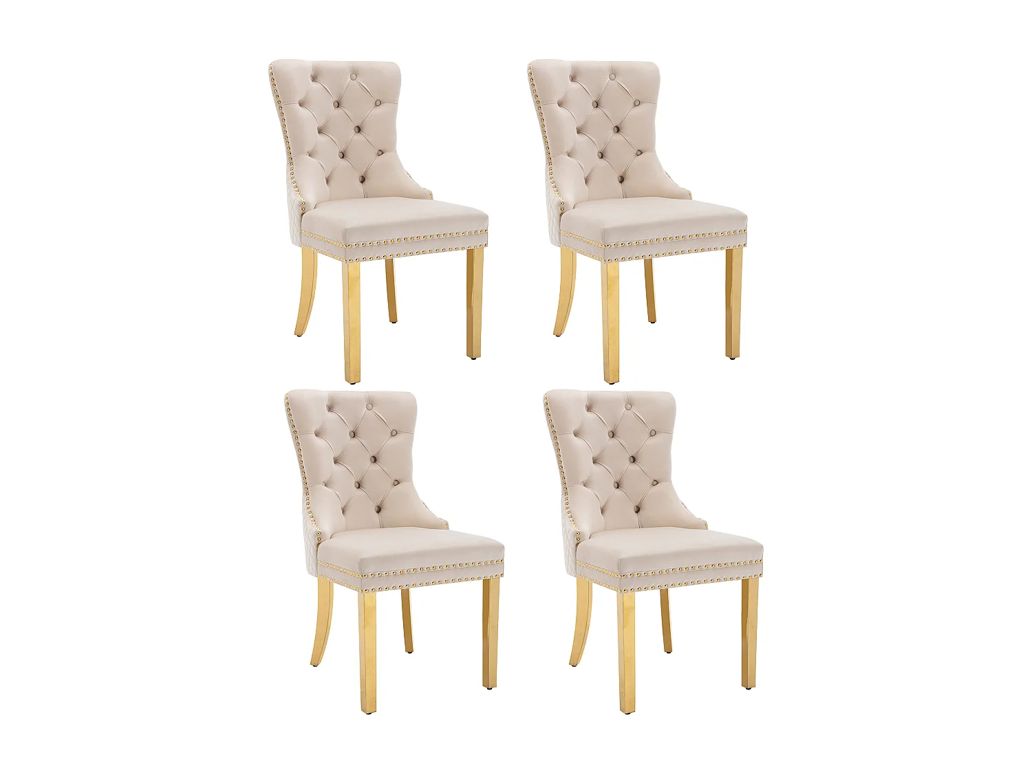 Lot de 4 chaises de salle à manger - Chaise rembourrée avec clous décoratifs et pieds en métal doré - velours beige