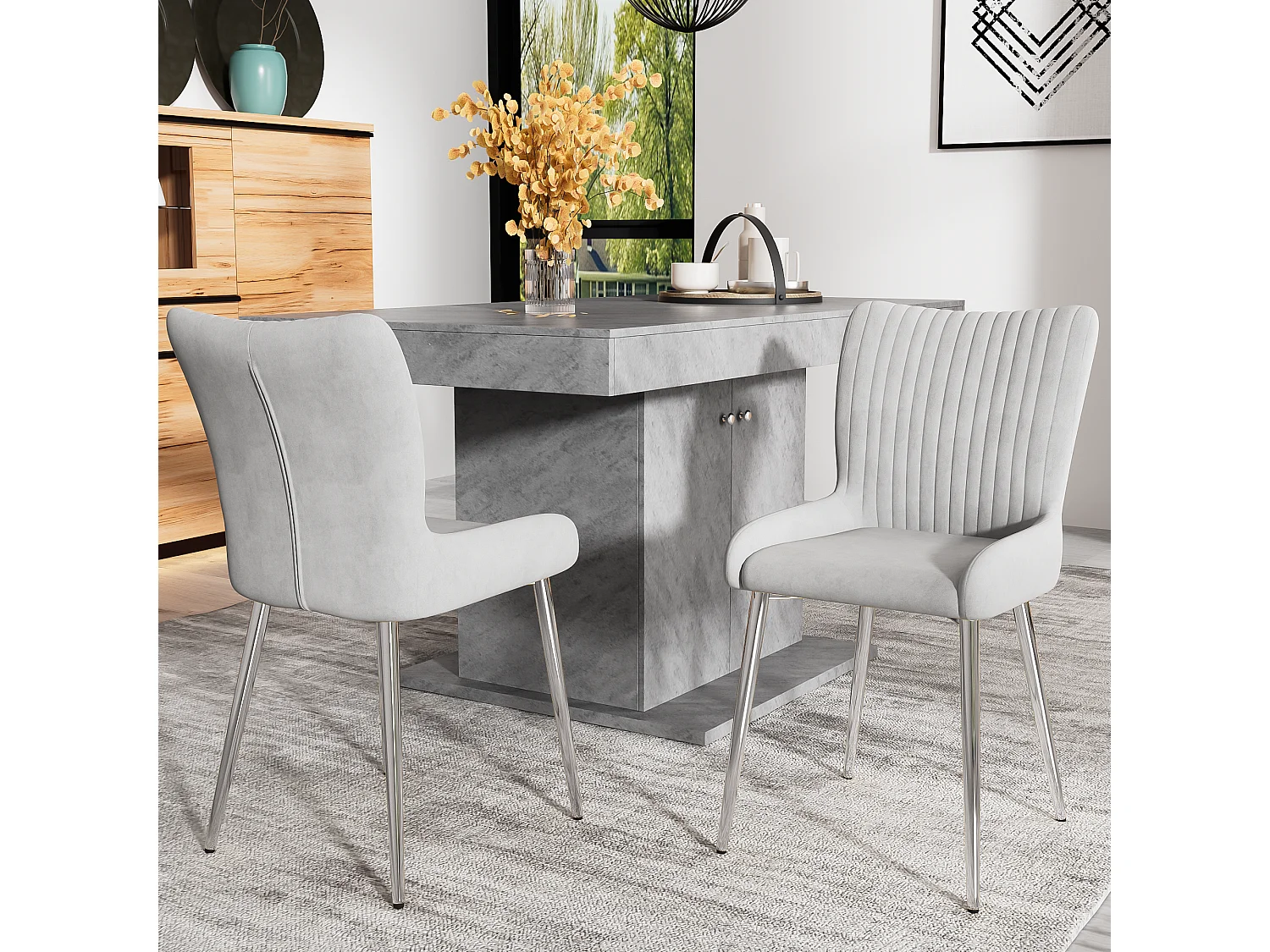 Lot de 2 chaises de salle à manger - velours gris - avec pieds en métal et dossier - pour salon et salle à manger