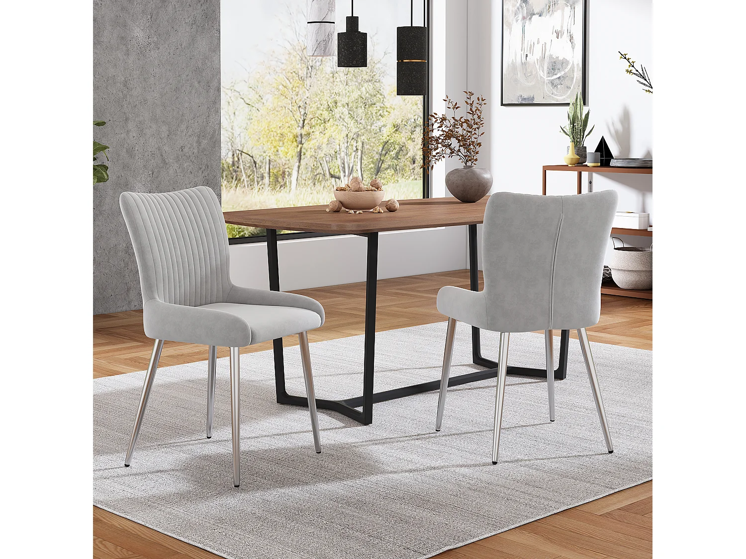 Lot de 2 chaises de salle à manger - velours gris - avec pieds en métal et dossier - pour salon et salle à manger