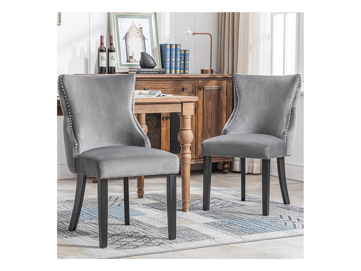 Lot de 2 chaises de salle à manger - velours gris - avec dossier boutonné et pieds en bois noir