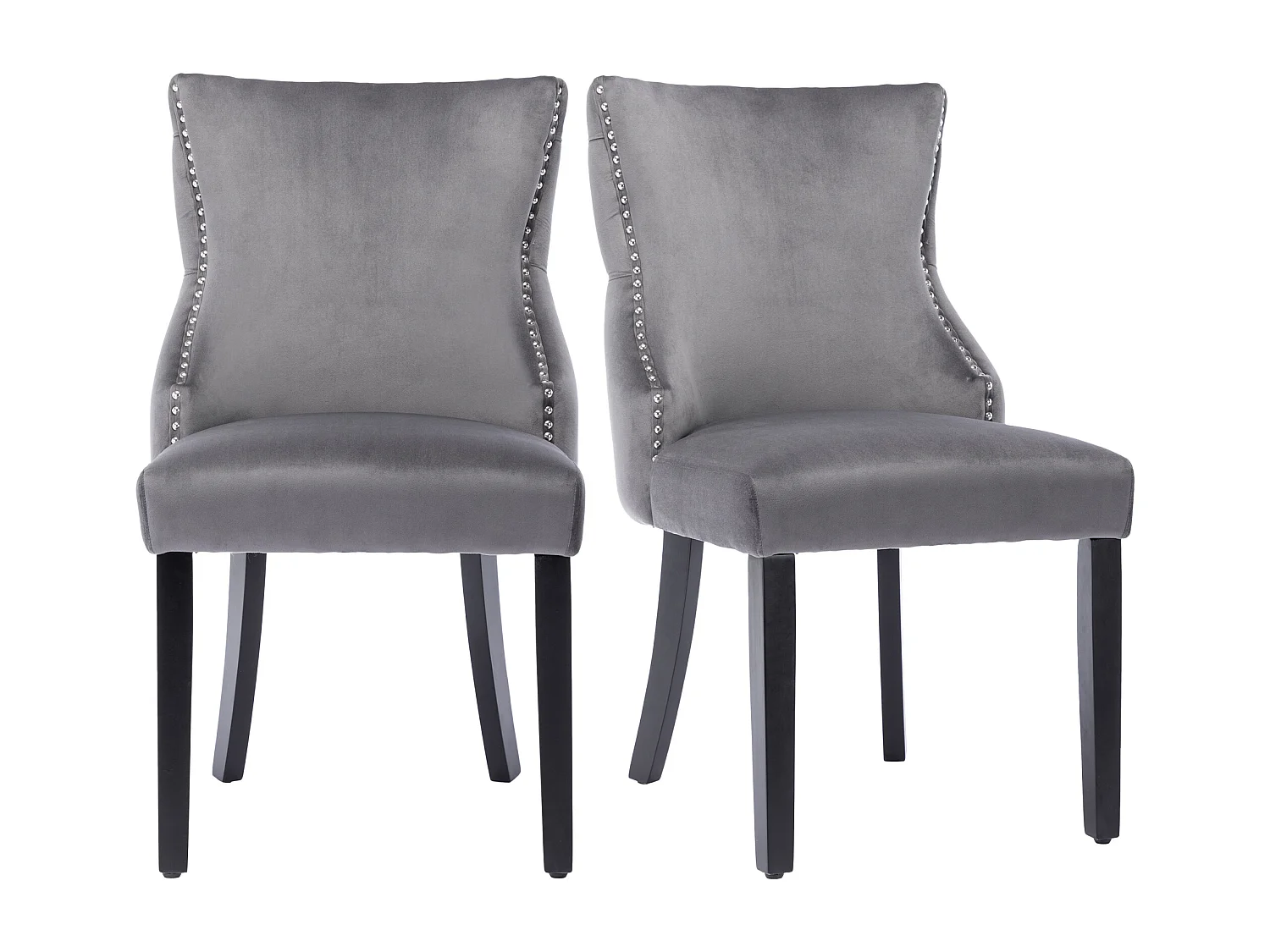 Lot de 2 chaises de salle à manger - velours gris - avec dossier boutonné et pieds en bois noir