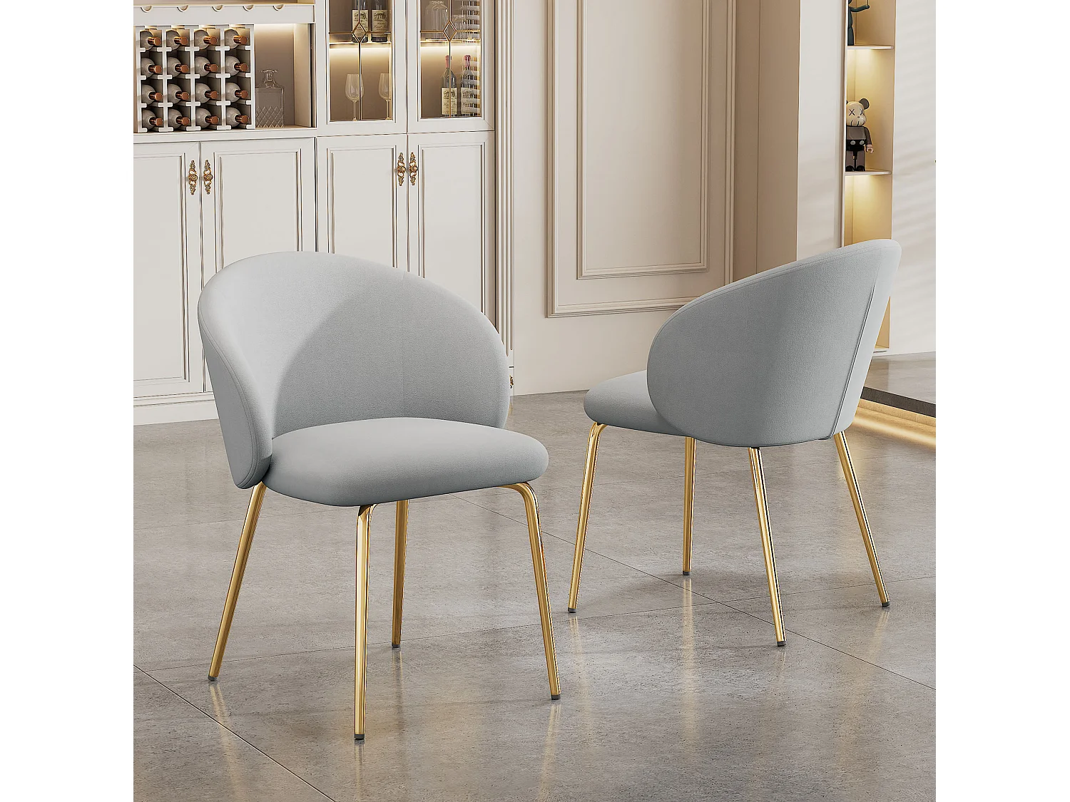 Lot de 2 chaises de salle à manger - tissu velours gris - chaise avec accoudoirs et pieds en métal doré