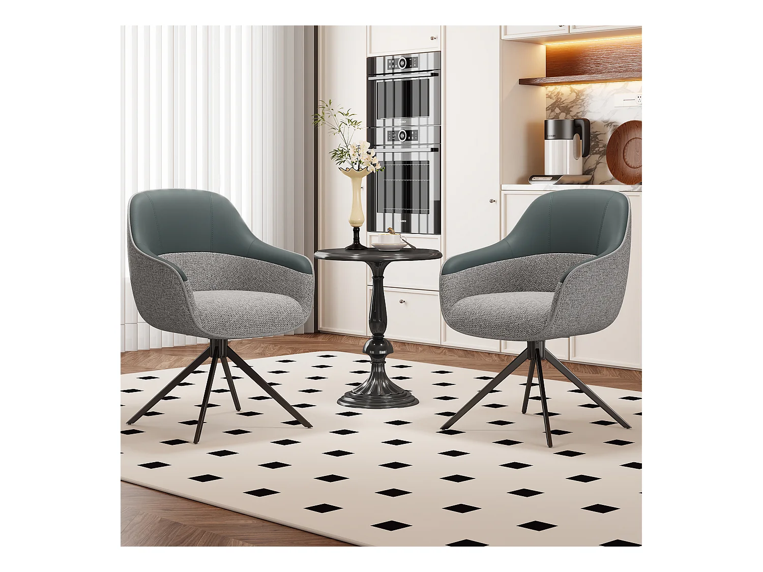 Lot de 2 chaises de salle à manger - Chaise pivotante avec dossier et accoudoirs - similicuir et tissu gris