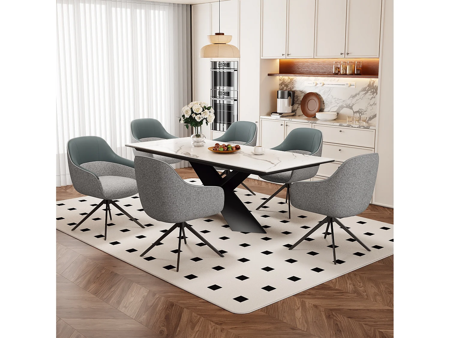 Set di 2 sedie da pranzo - Sedia girevole con schienale e braccioli - similpelle e tessuto grigio