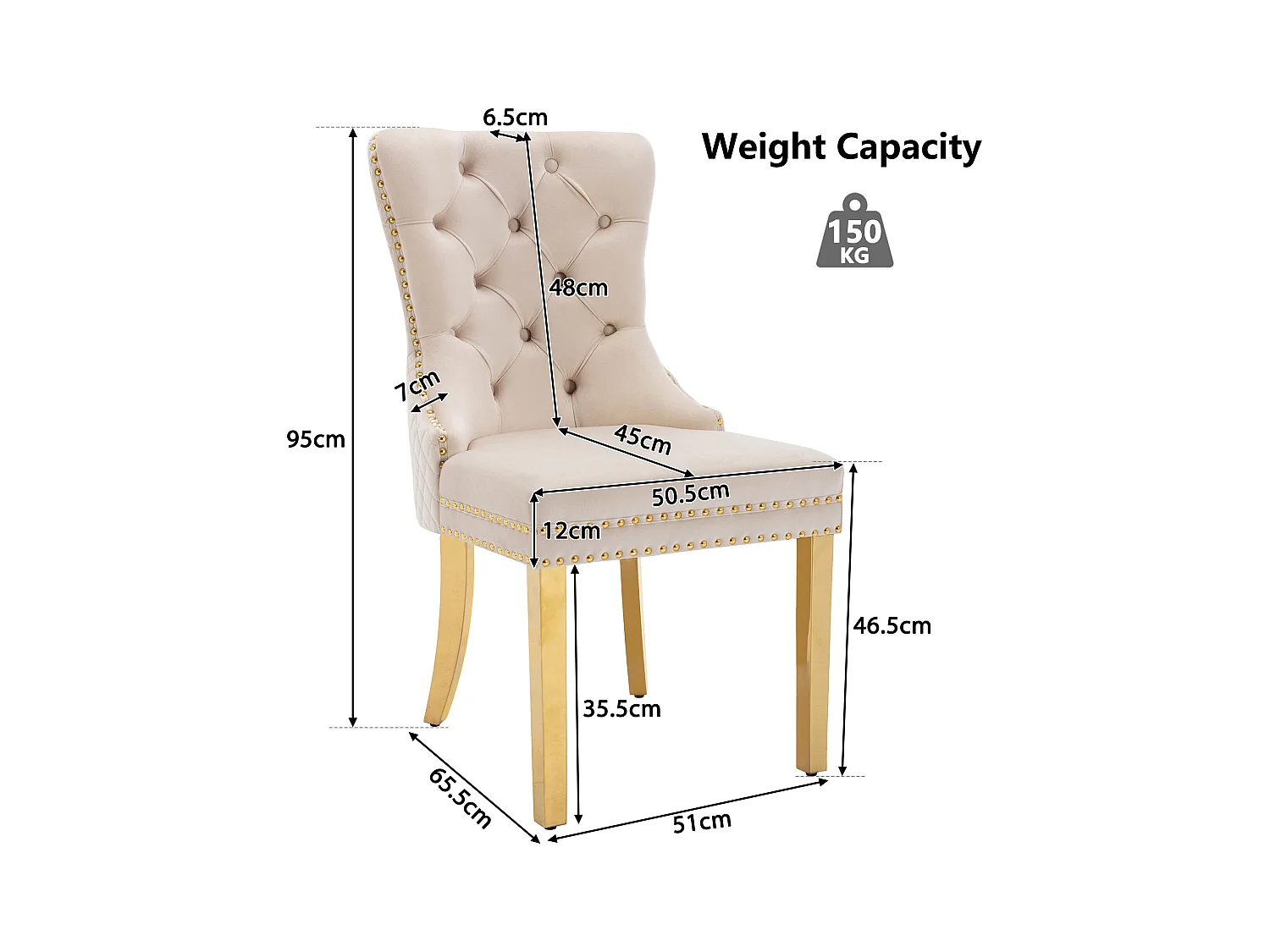 Lot de 2 chaises de salle à manger - Chaise rembourrée avec clous décoratifs et pieds en métal doré - velours beige