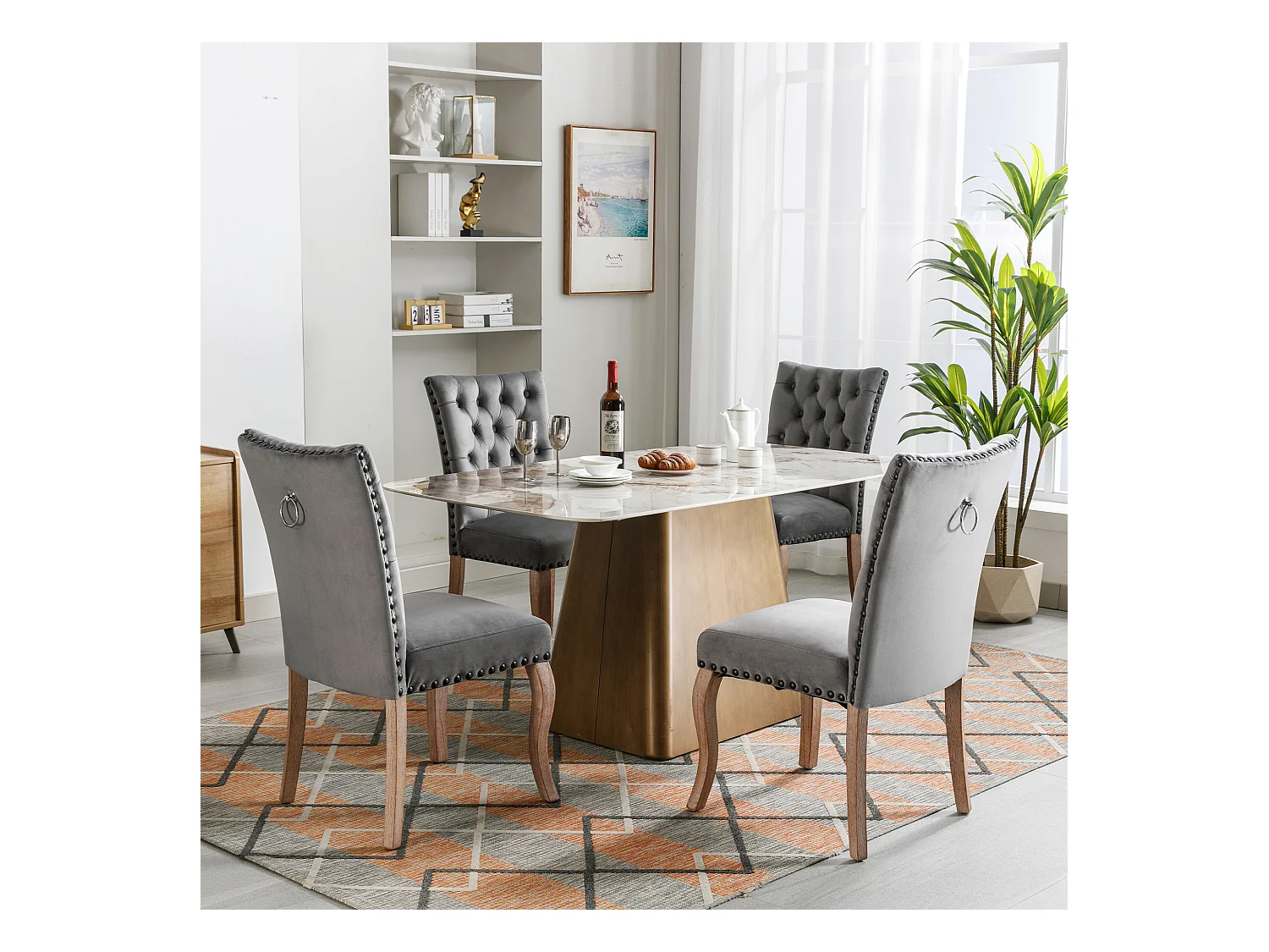 Juego de 4 sillas de comedor - silla de comedor de terciopelo gris - con respaldo acolchado y patas de madera