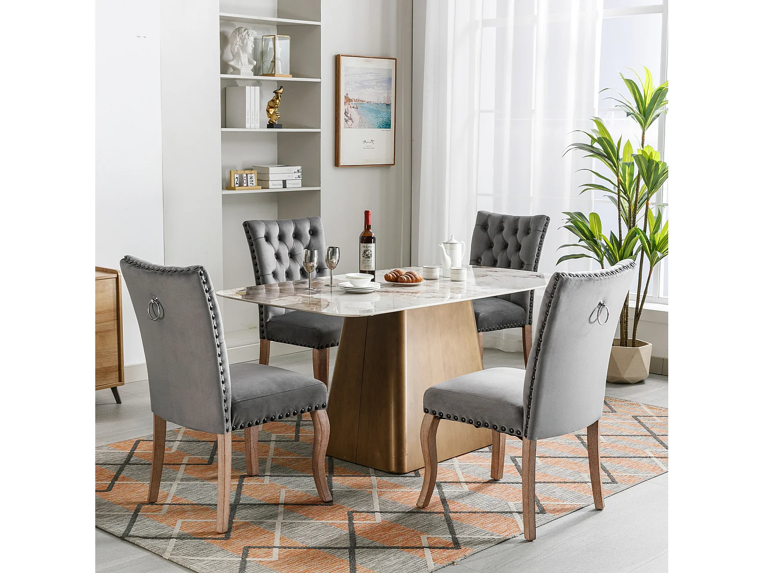 Juego de 4 sillas de comedor - silla de comedor de terciopelo gris - con respaldo acolchado y patas de madera