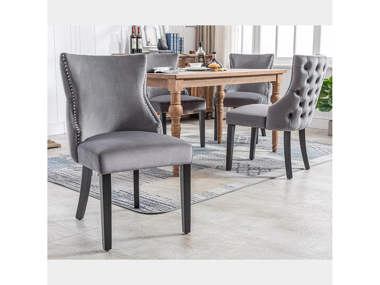 Lot de 4 chaises de salle à manger - velours gris - avec dossier boutonné et pieds en bois noir
