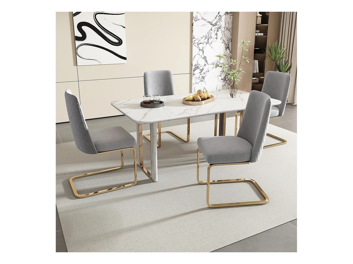 Lot de 4 chaises de salle à manger - velours gris - avec dossier rembourré et pieds en métal doré